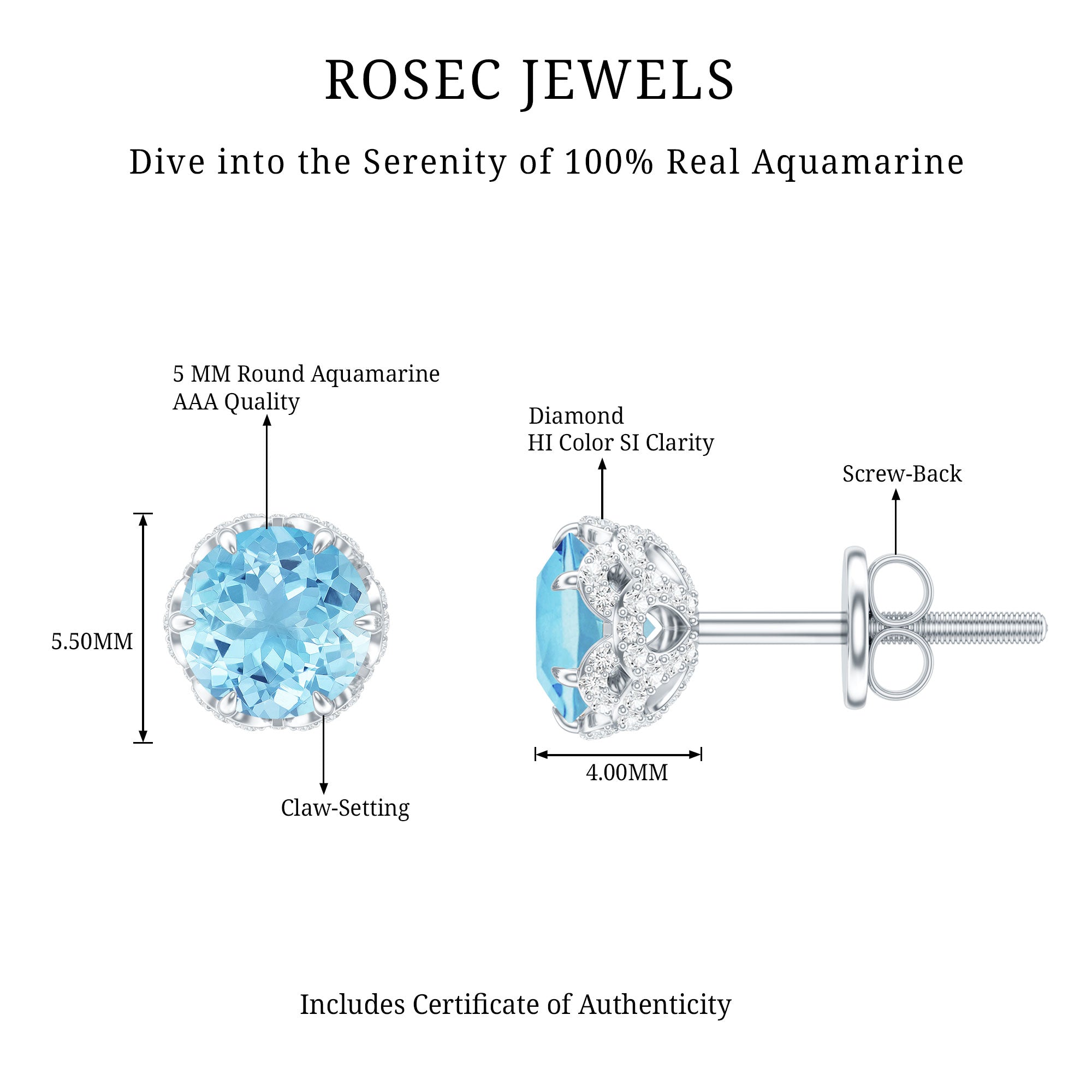 Natural Aquamarine Diamond Floral Stud Earrings with Screw Back AAA - Rosec Jewels