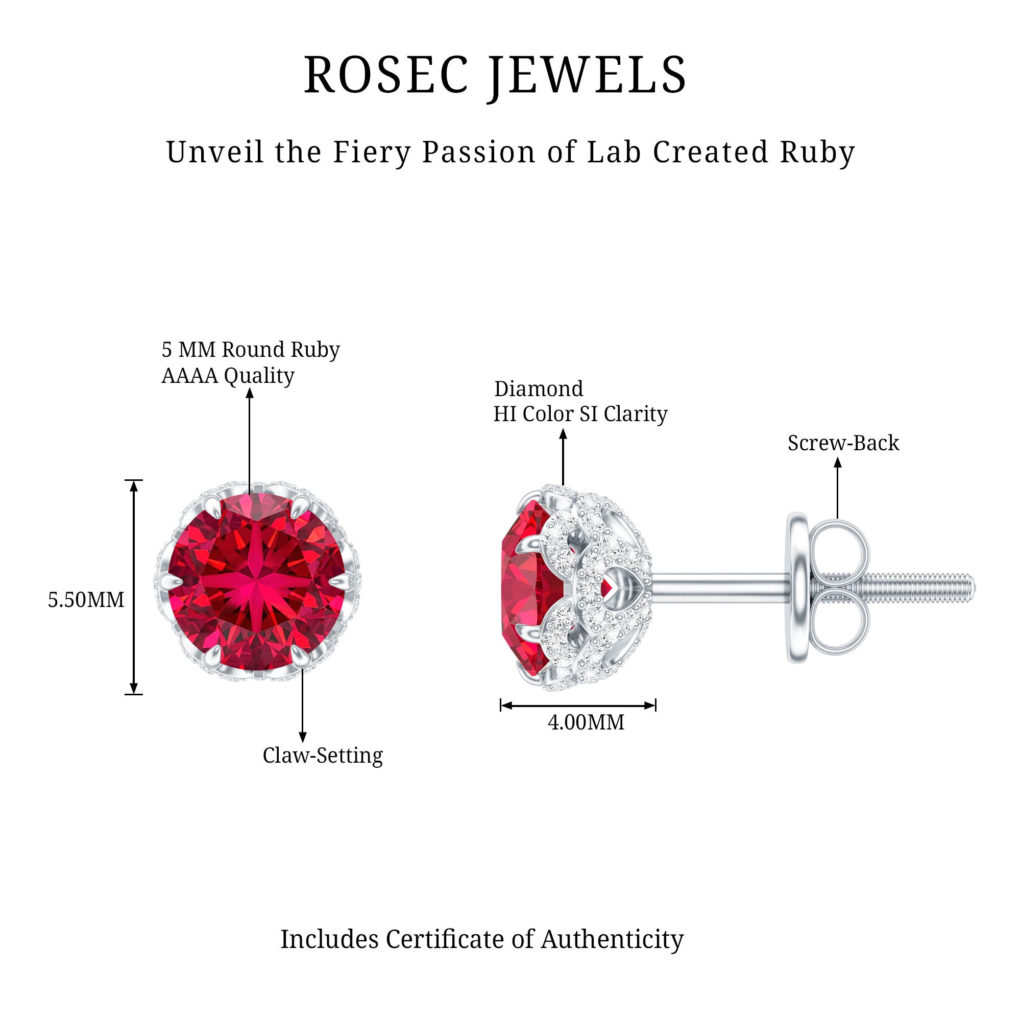 Certified Lab Grown Ruby Wedding Stud Earrings with Diamonds AAAA - Rosec Jewels