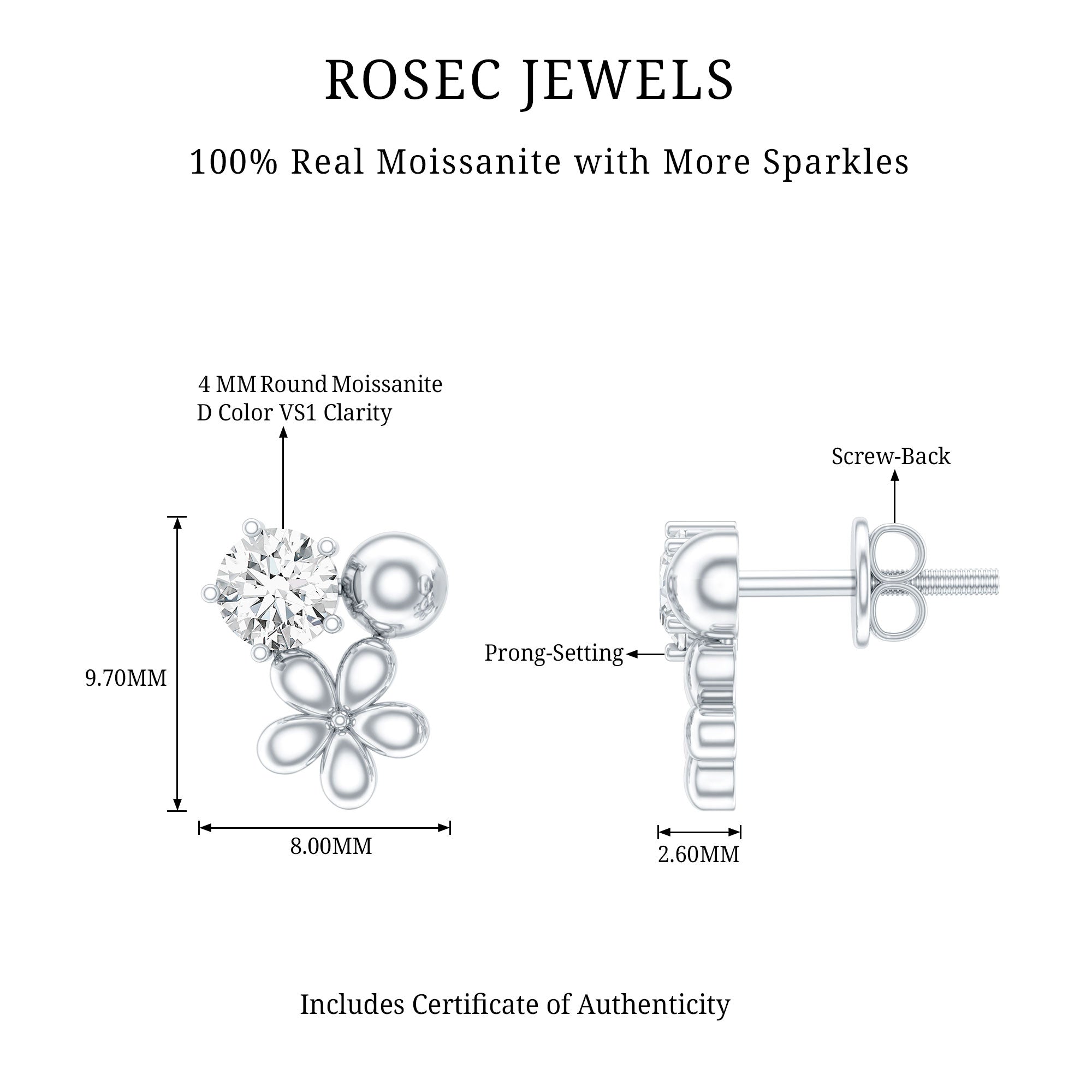 Round Cut Moissanite Flower Stud Earrings with Screw Backs D-VS1 - Rosec Jewels