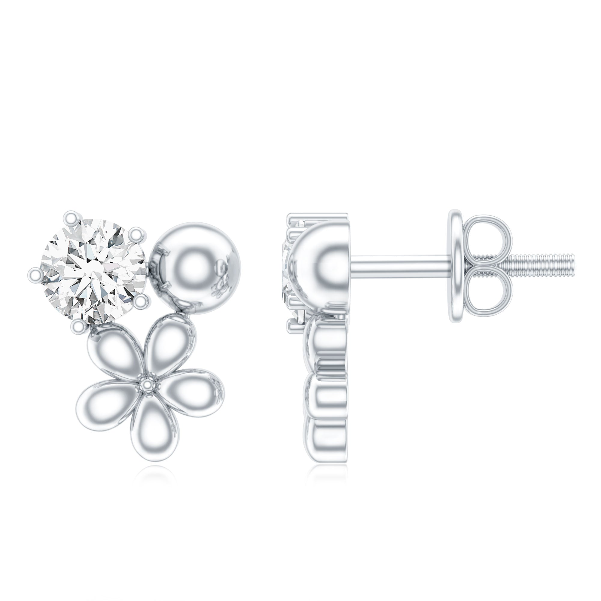Round Cut Moissanite Flower Stud Earrings with Screw Backs D-VS1 - Rosec Jewels
