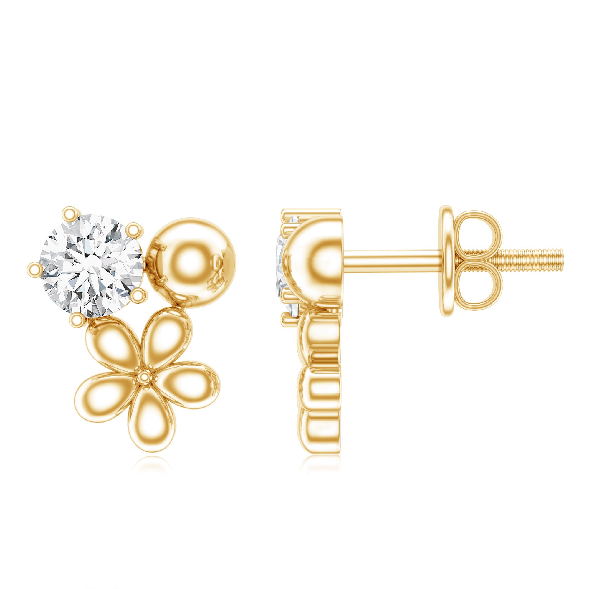 Round Cut Moissanite Flower Stud Earrings with Screw Backs D-VS1 - Rosec Jewels