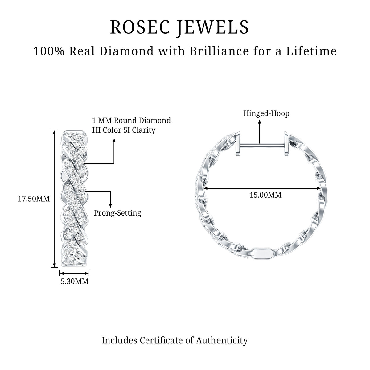 Natural Diamond Twisted Hoop Earrings with Certificate Natural - ( HI-SI ) - Rosec Jewels