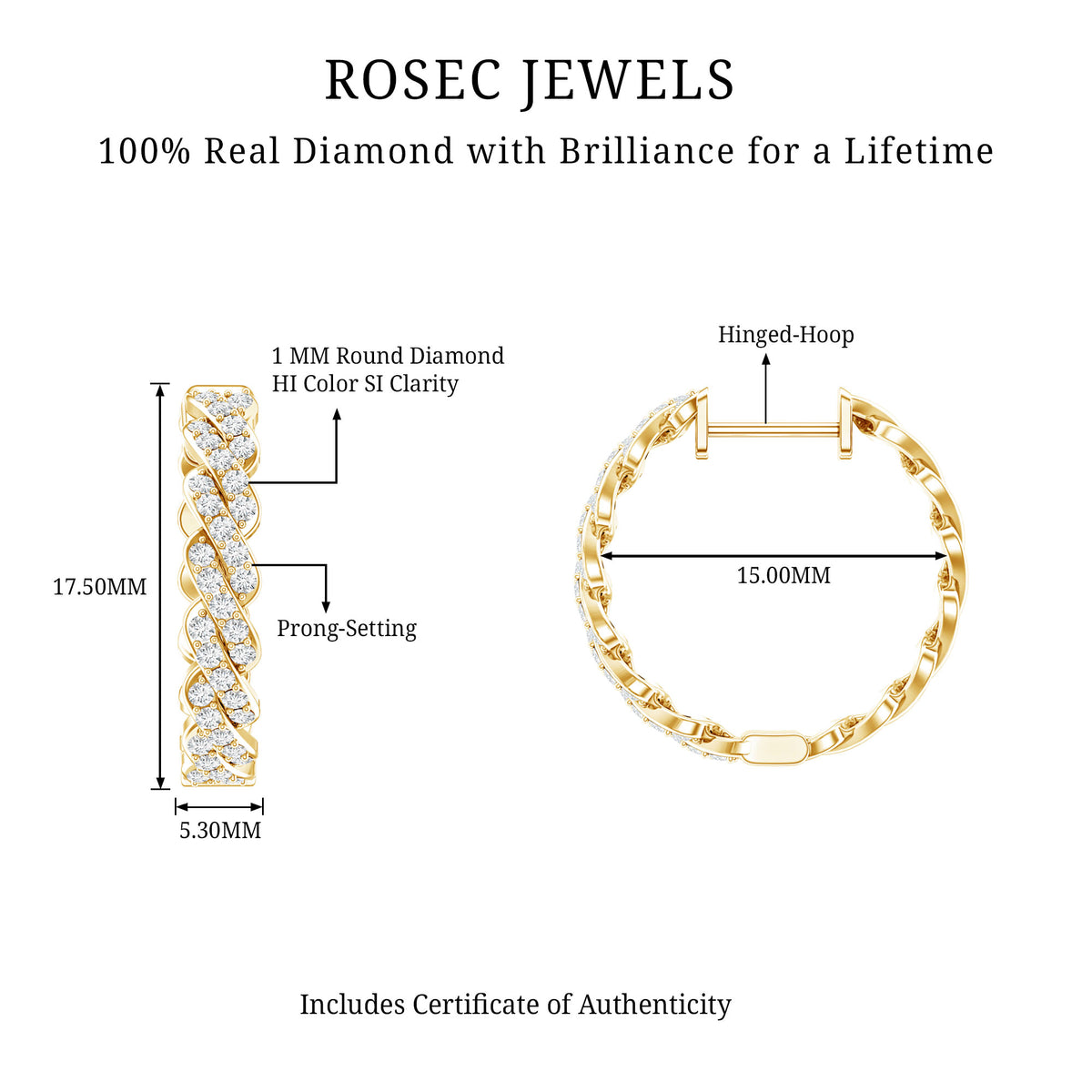 Natural Diamond Twisted Hoop Earrings with Certificate Natural - ( HI-SI ) - Rosec Jewels