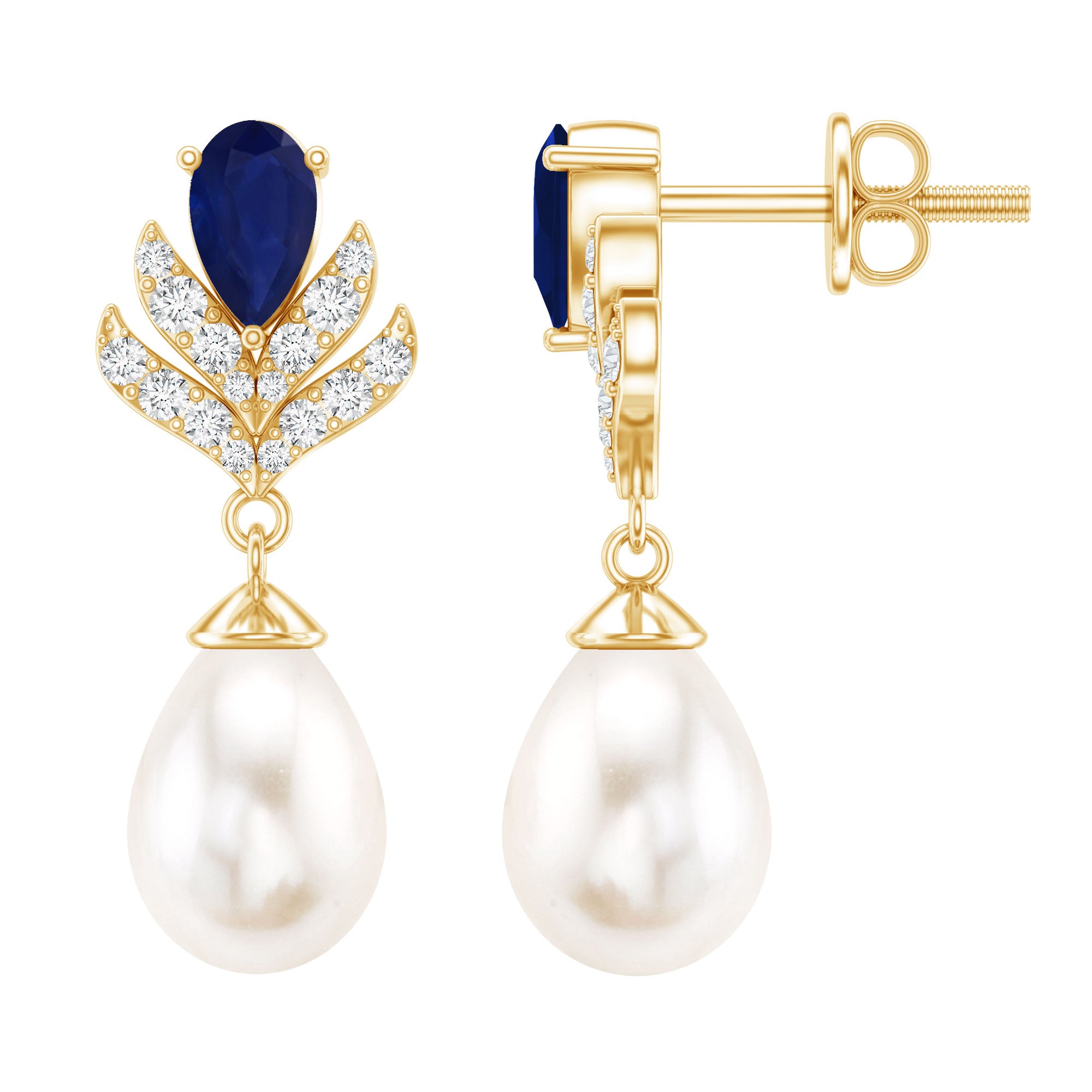 Freshwater Pearl and Blue Sapphire Teardrop Earrings with Moissanite AAA - Rosec Jewels