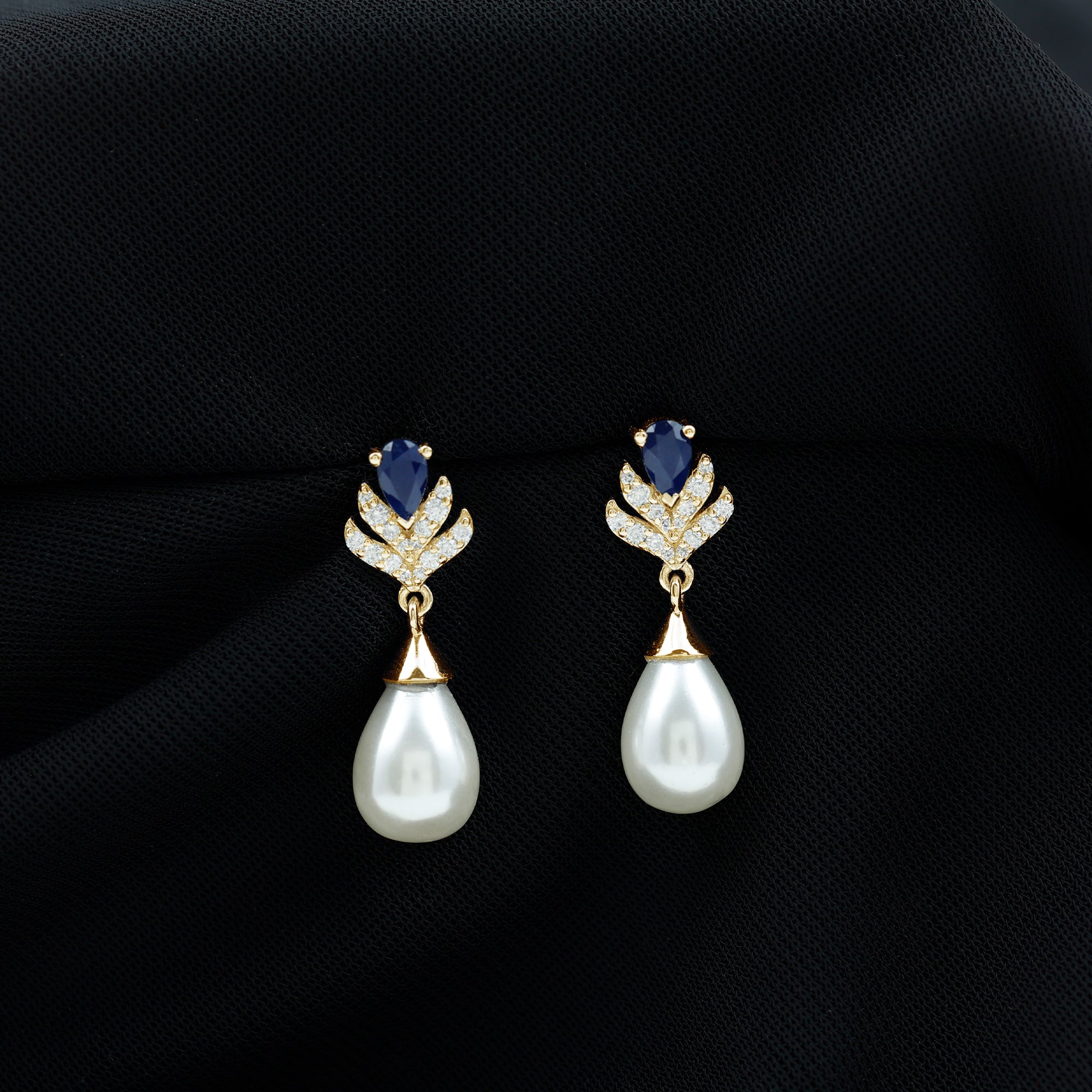 Freshwater Pearl and Blue Sapphire Teardrop Earrings with Moissanite AAA - Rosec Jewels