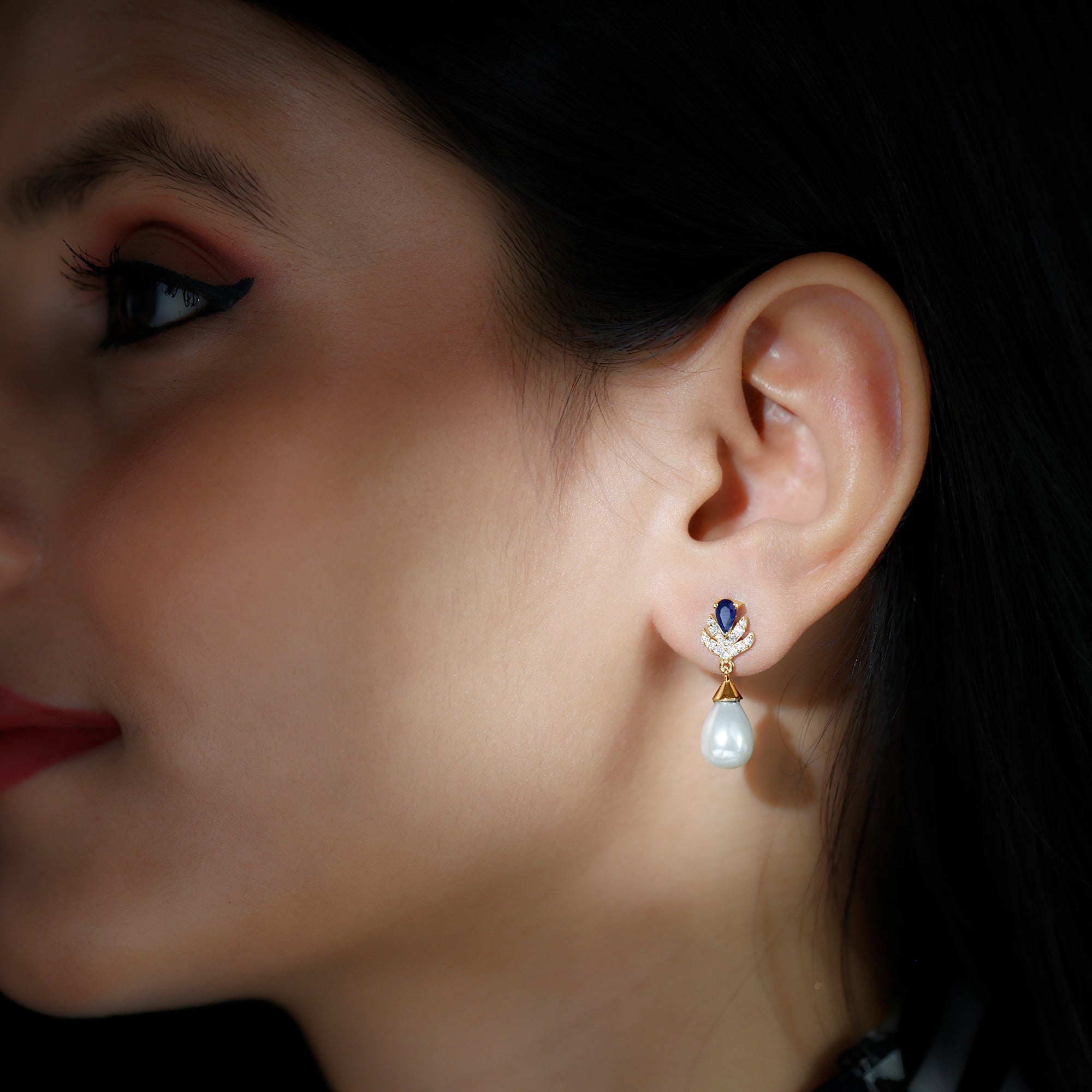 Freshwater Pearl and Blue Sapphire Teardrop Earrings with Moissanite AAA - Rosec Jewels