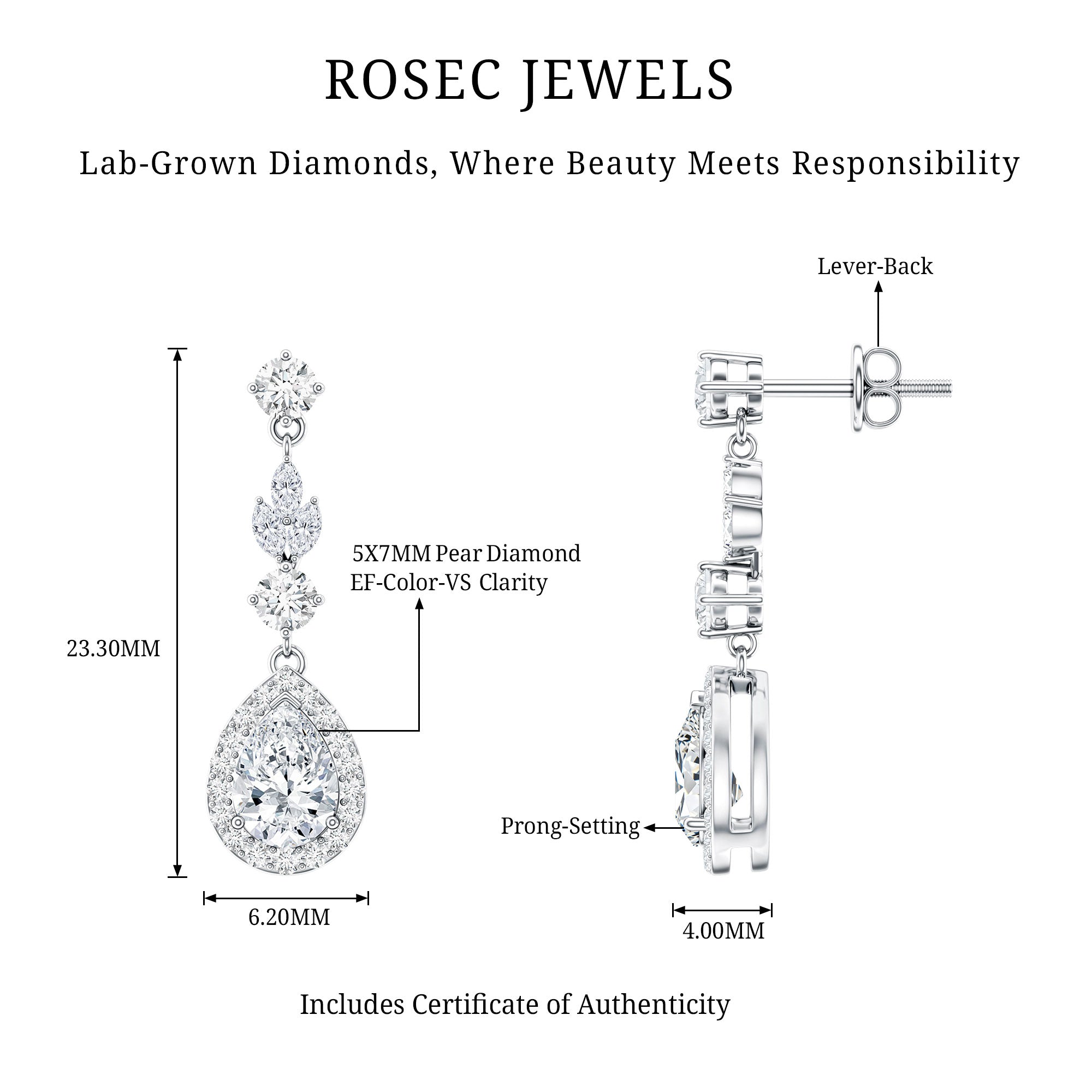 Certified Lab Grown Diamond Dangling Earrings Lab - ( EF-VS ) - Rosec Jewels
