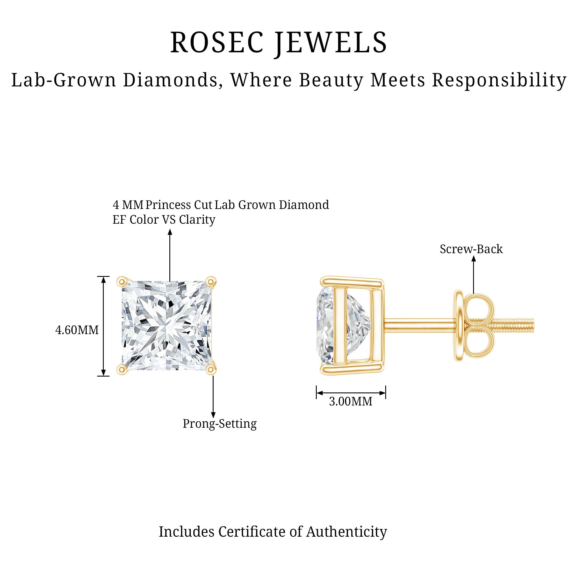 Certified Lab Created Diamond Square Earrings Lab - ( EF-VS ) - Rosec Jewels