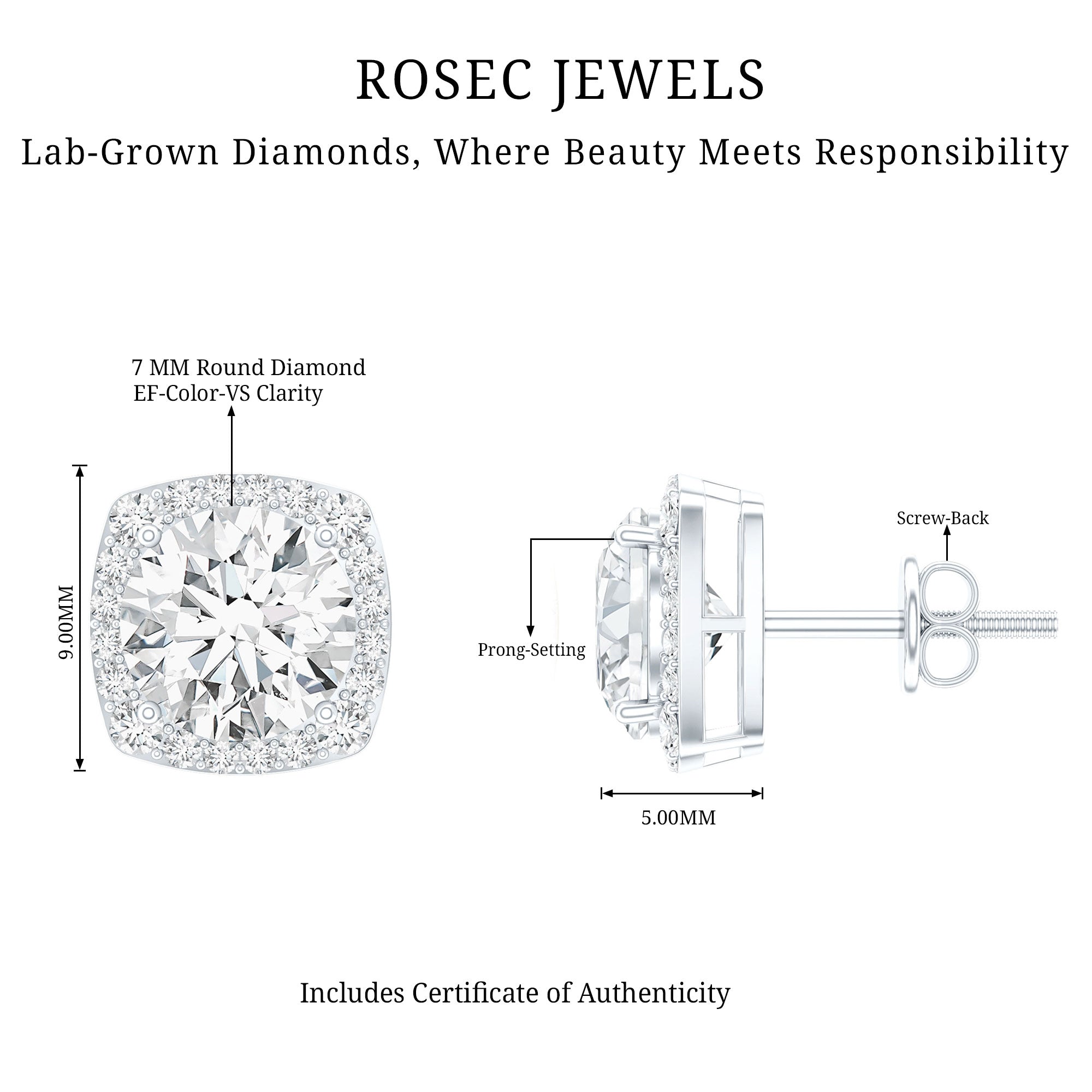 Certified Round Cut Lab Grown Diamond Halo Stud Earrings For Her Lab - ( EF-VS ) - Rosec Jewels