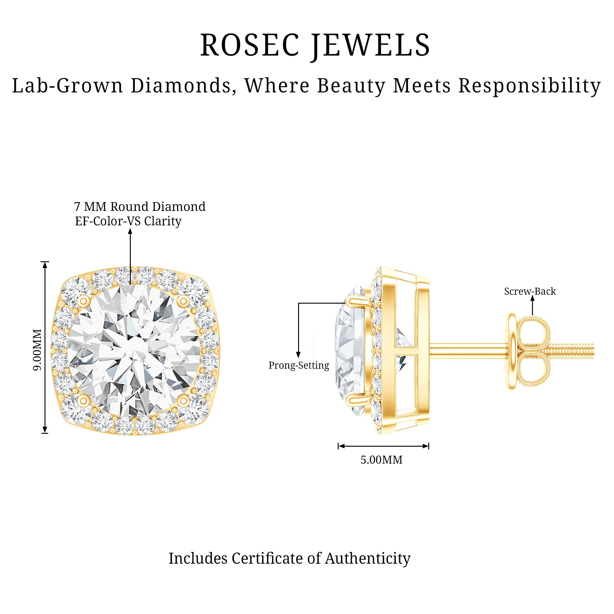 Certified Round Cut Lab Grown Diamond Halo Stud Earrings For Her Lab - ( EF-VS ) - Rosec Jewels