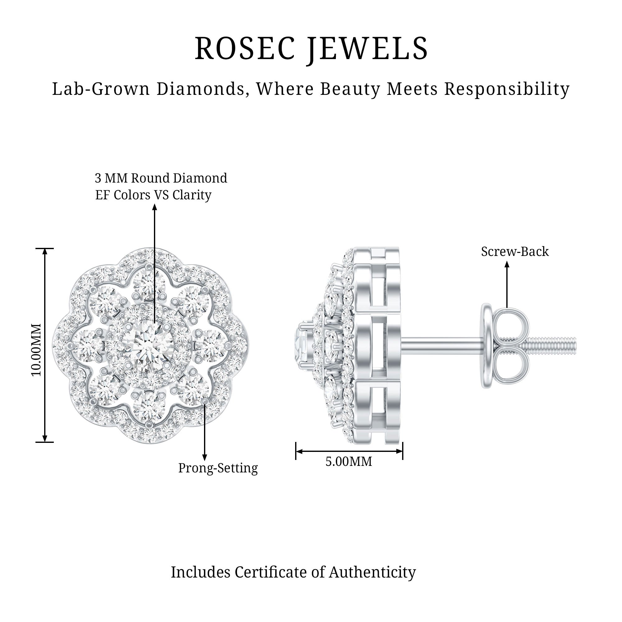 Certified Lab Grown Diamond Flower Bridal Stud Earrings Lab - ( EF-VS ) - Rosec Jewels
