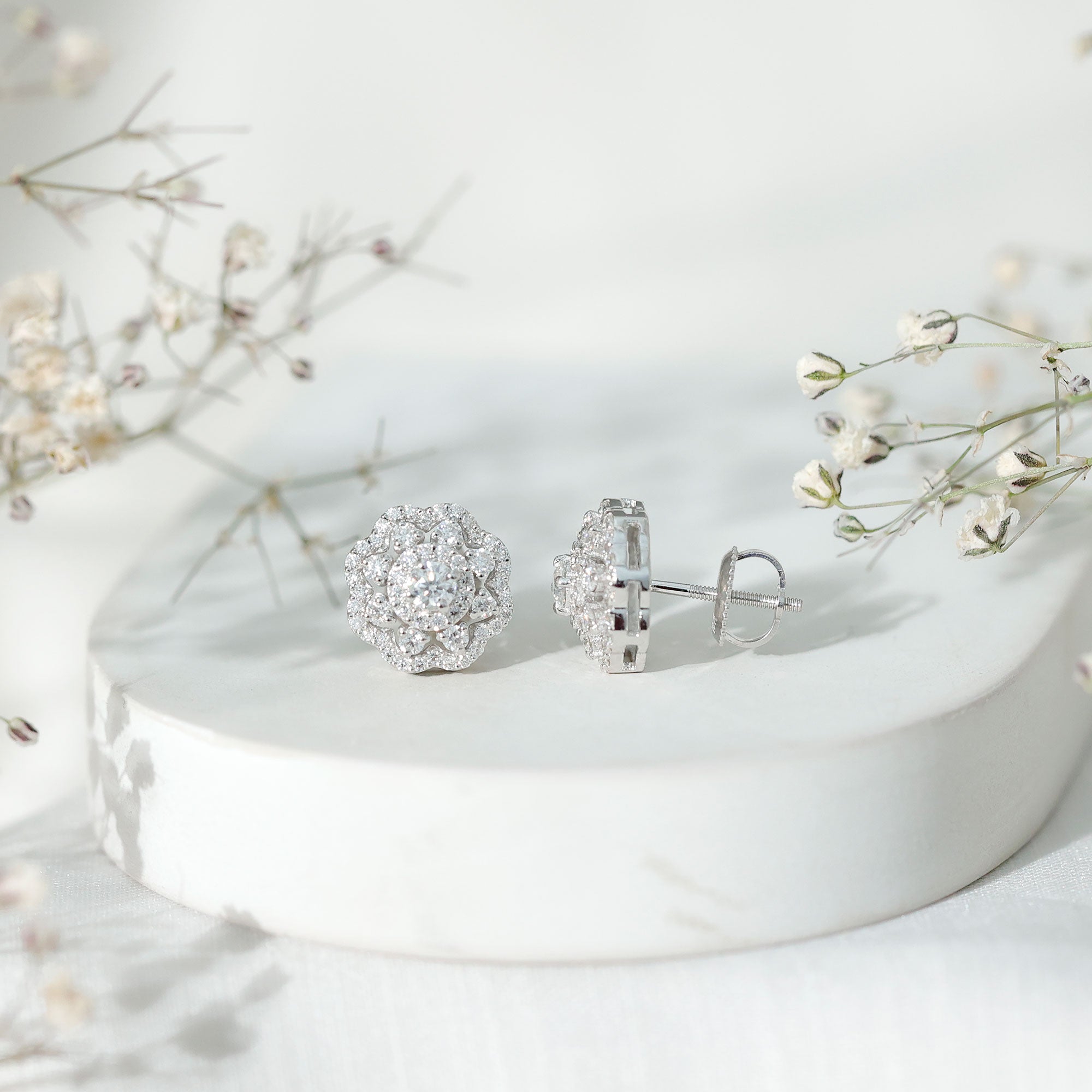 Certified Lab Grown Diamond Flower Bridal Stud Earrings Lab - ( EF-VS ) - Rosec Jewels