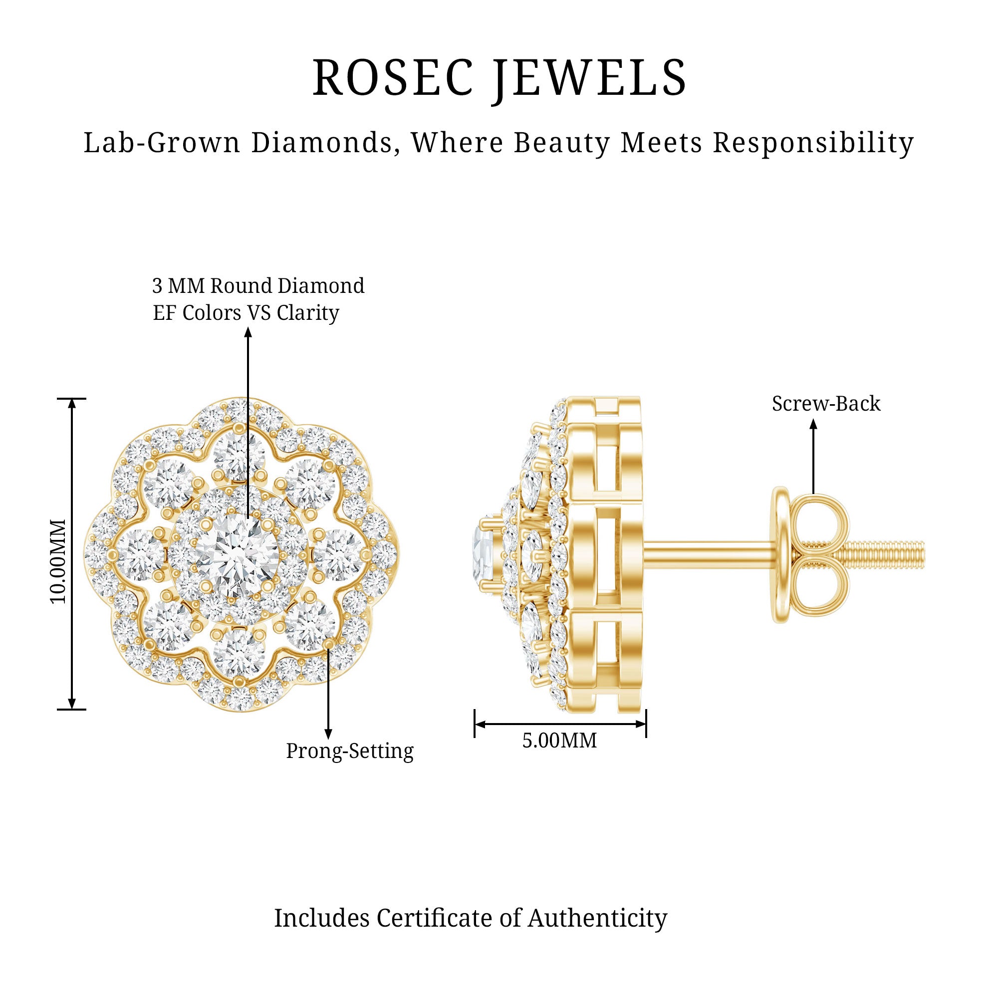 Certified Lab Grown Diamond Flower Bridal Stud Earrings Lab - ( EF-VS ) - Rosec Jewels