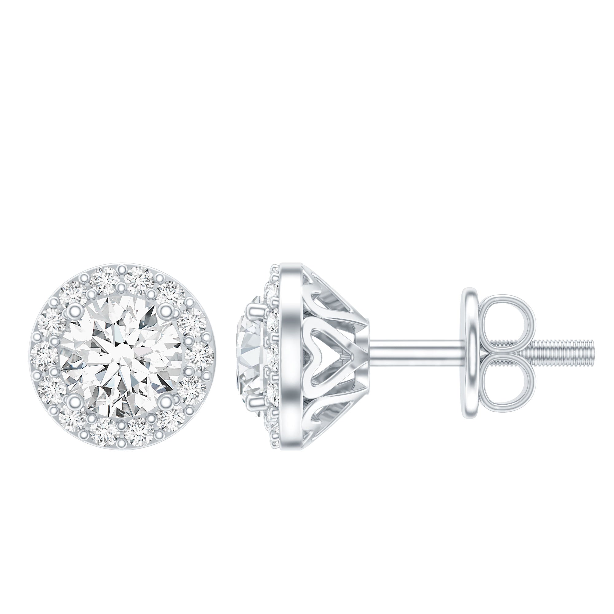 0.64 CTW Lab Grown Diamond Halo Stud Earrings (4mm, Screw Back) Lab - ( EF-VS ) - Rosec Jewels