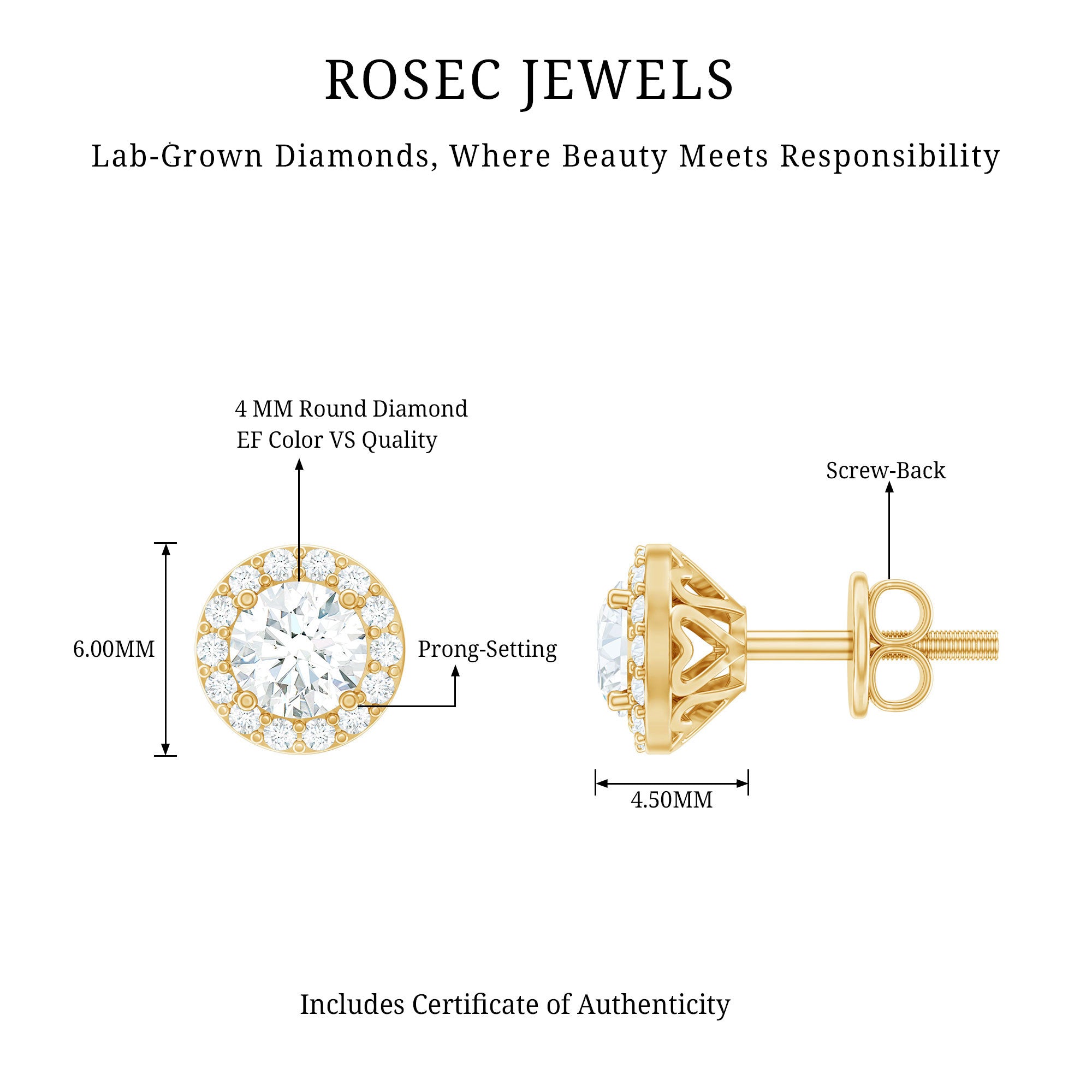 0.64 CTW Lab Grown Diamond Halo Stud Earrings (4mm, Screw Back) Lab - ( EF-VS ) - Rosec Jewels