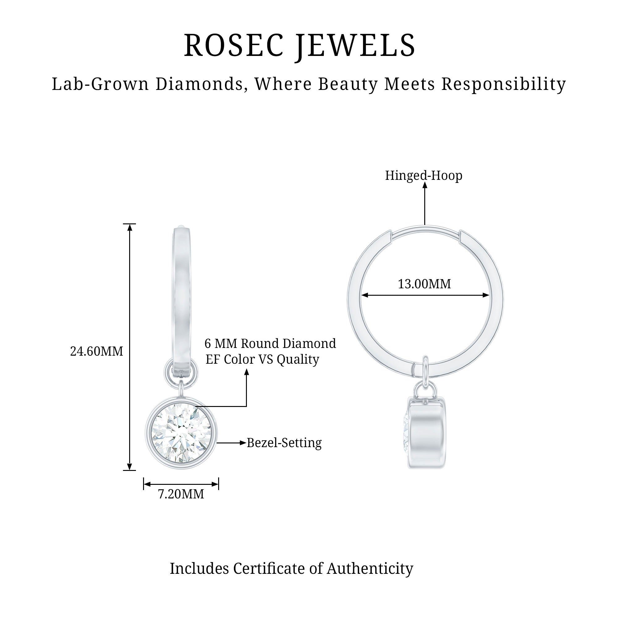 Bezel Set Lab Grown Diamond Drop Earrings for Women Lab - ( EF-VS ) - Rosec Jewels