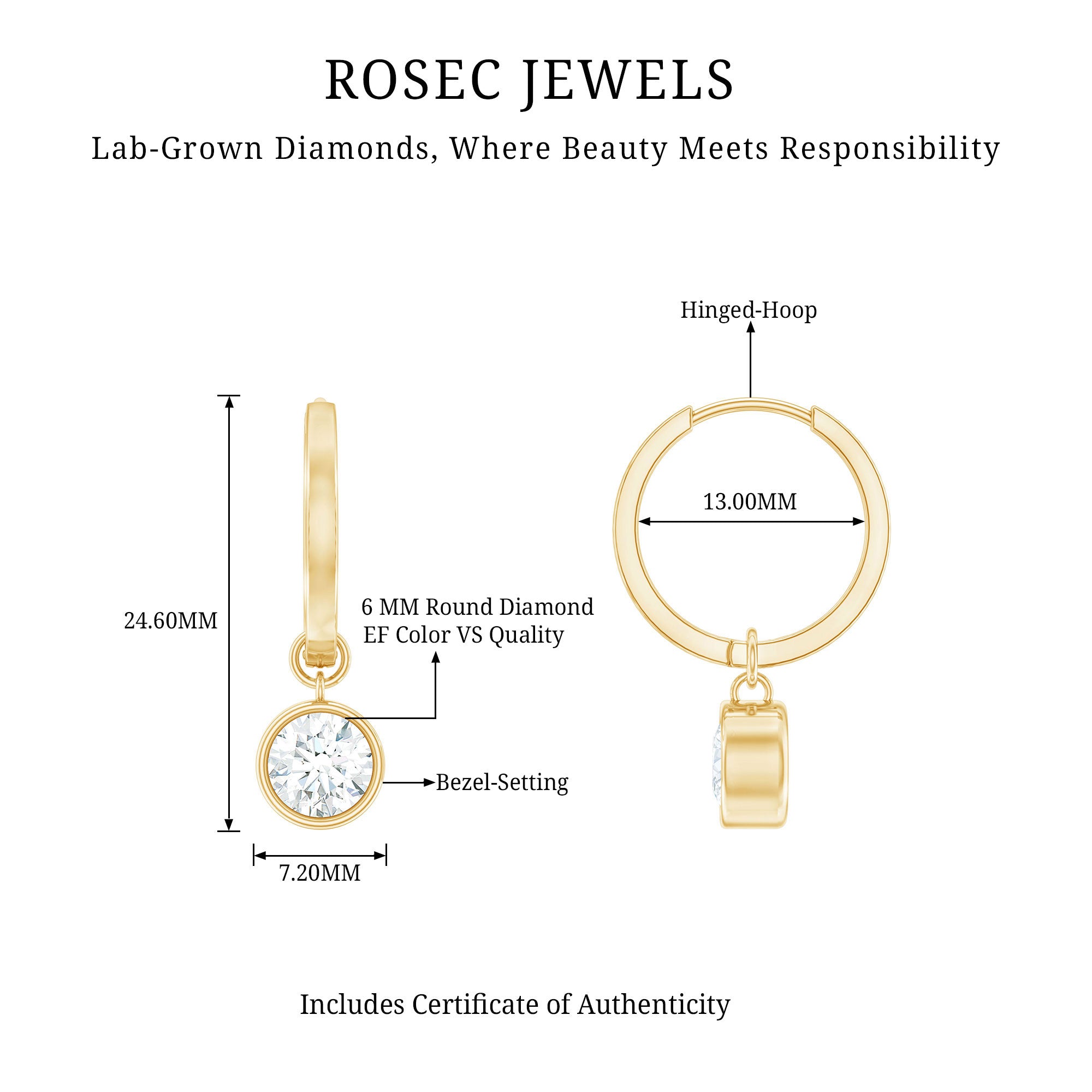 Bezel Set Lab Grown Diamond Drop Earrings for Women Lab - ( EF-VS ) - Rosec Jewels