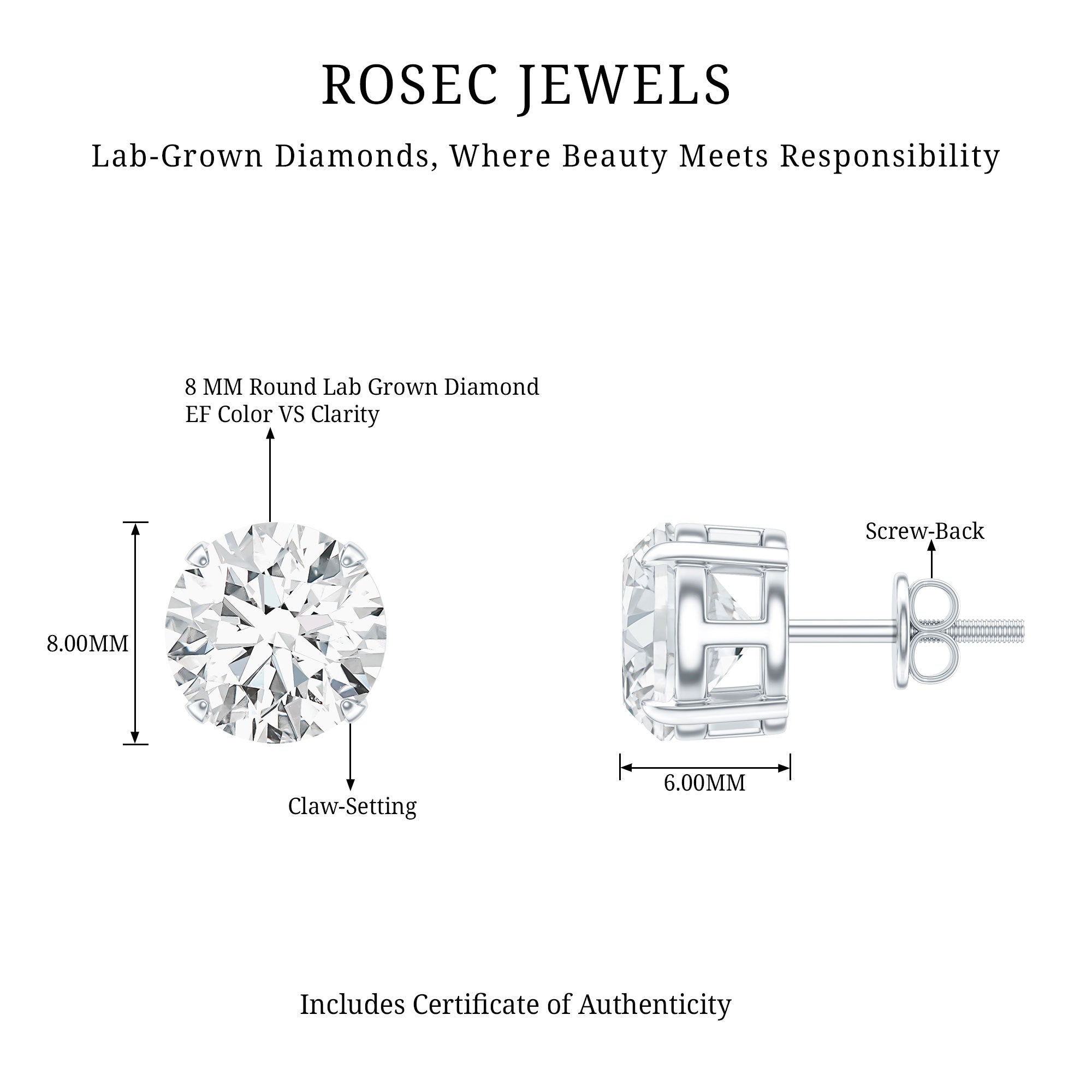 Prong Set Lab Created Diamond Solitaire Stud Earrings Lab - ( EF-VS ) - Rosec Jewels