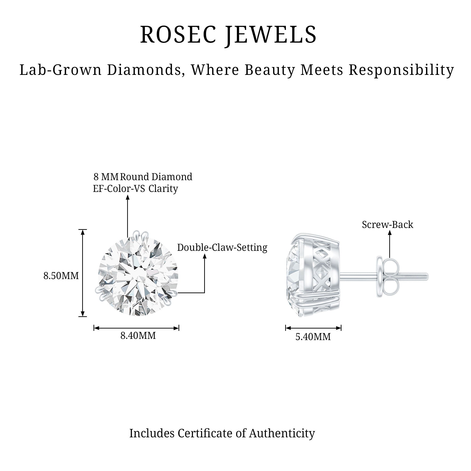 Certified 8mm Round Diamond Studs with Screw Back Lab - ( EF-VS ) - Rosec Jewels
