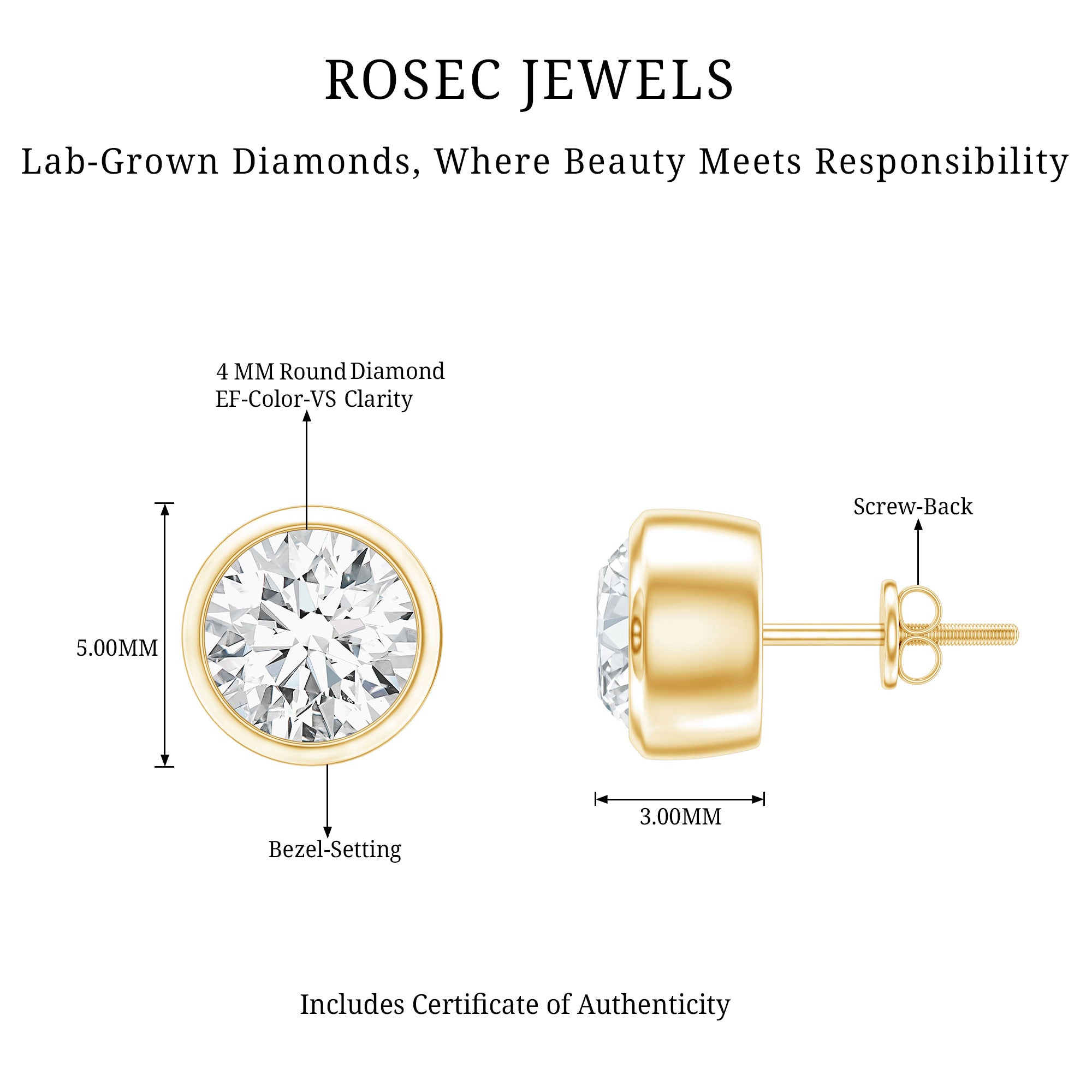 Bezel Set Lab Grown Diamond Solitaire Stud Earrings Lab - ( EF-VS ) - Rosec Jewels