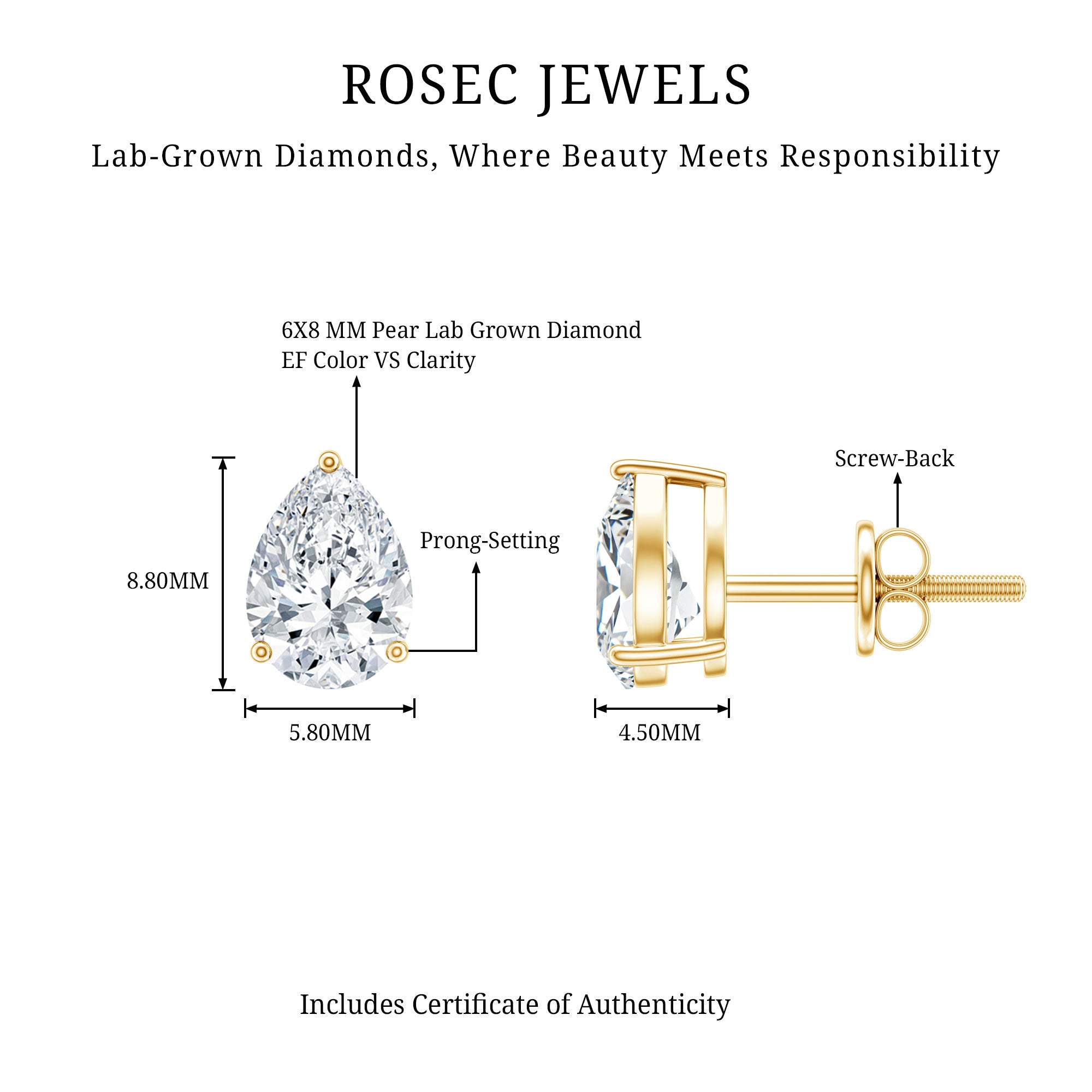 Certified 2 Carat Diamond Teardrop Earrings With Screw Back Lab - ( EF-VS ) - Rosec Jewels