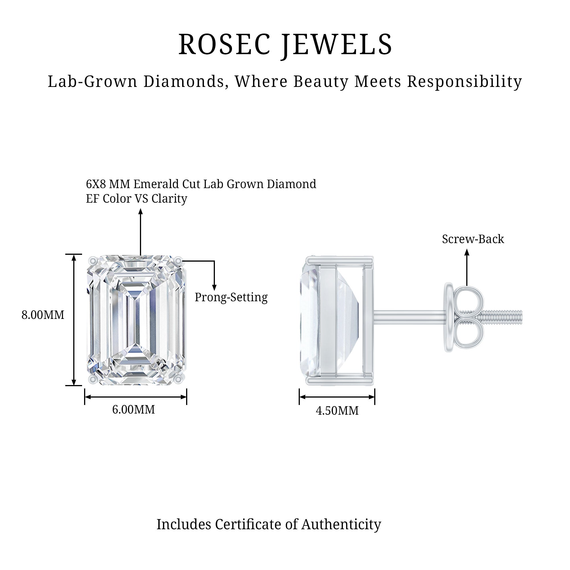 Emerald Cut Lab Created Diamond Stud Earrings Lab - ( EF-VS ) - Rosec Jewels