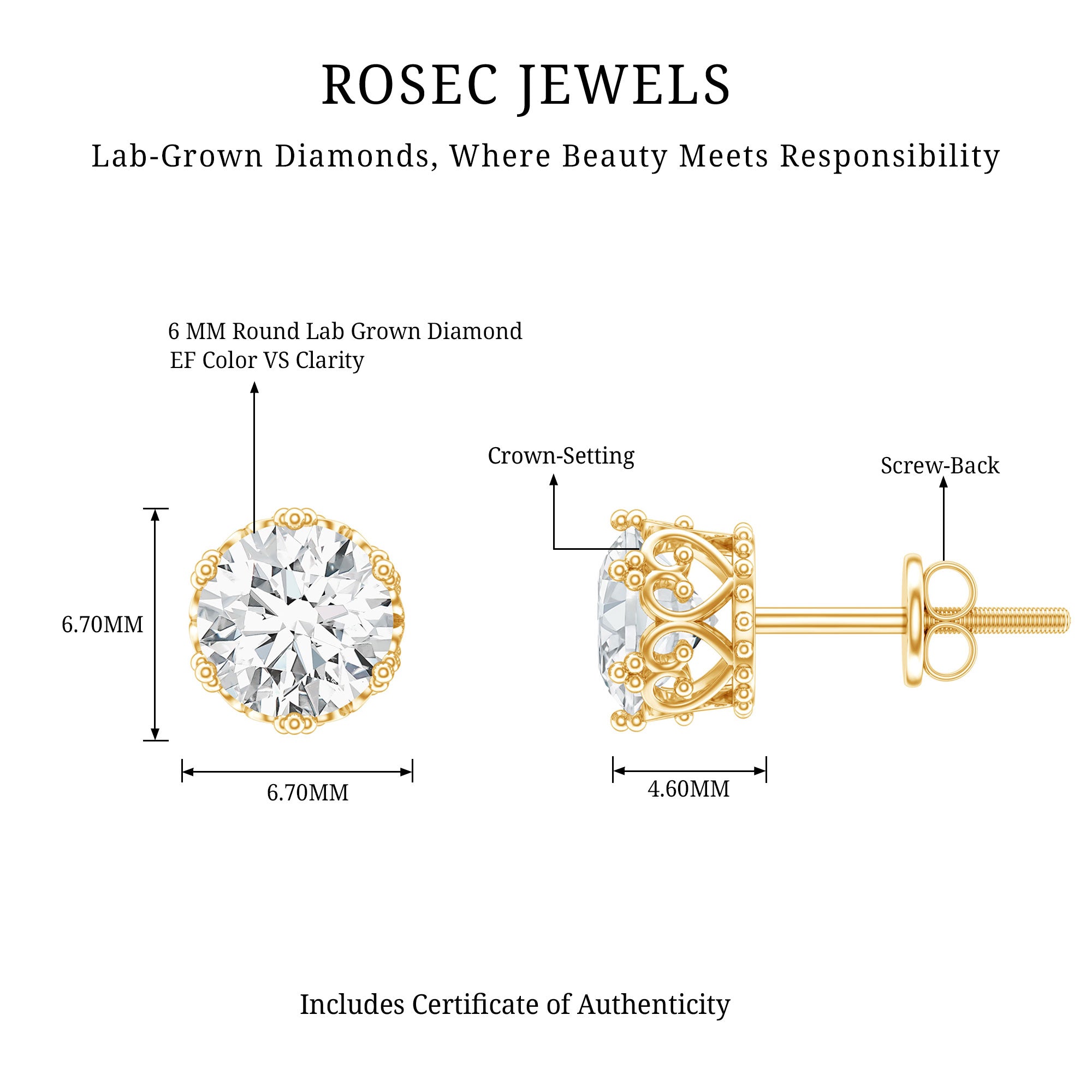 Certified Lab Created Diamond Crown Earrings for Women Lab - ( EF-VS ) - Rosec Jewels