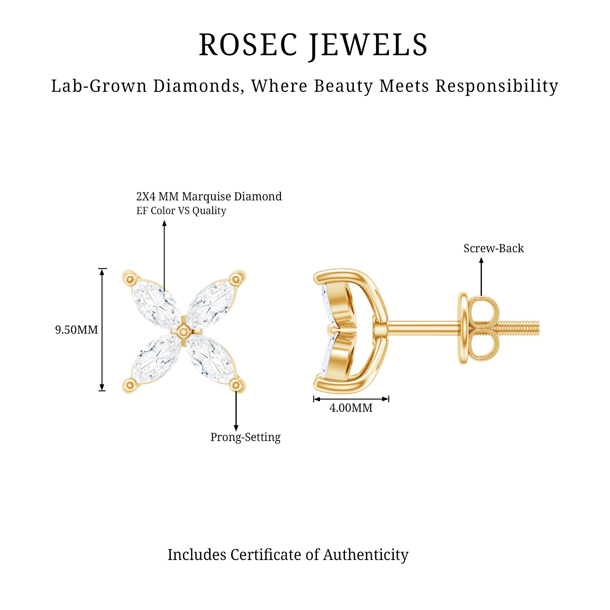 Certified Lab Grown Diamond Flower Earrings With Screw Back Lab - ( EF-VS ) - Rosec Jewels