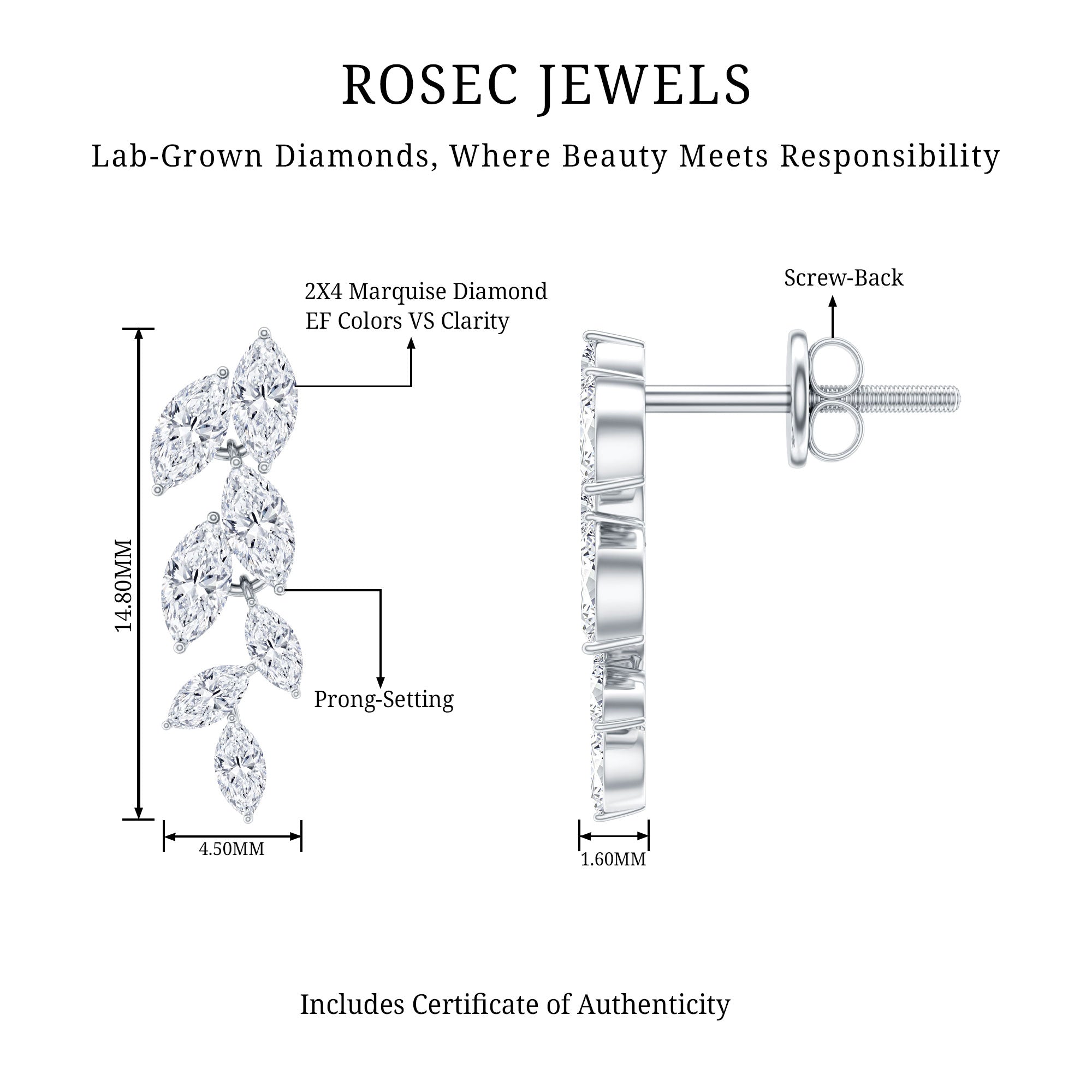 Certified Lab Grown Diamond Dangling Earrings for Women Lab - ( EF-VS ) - Rosec Jewels