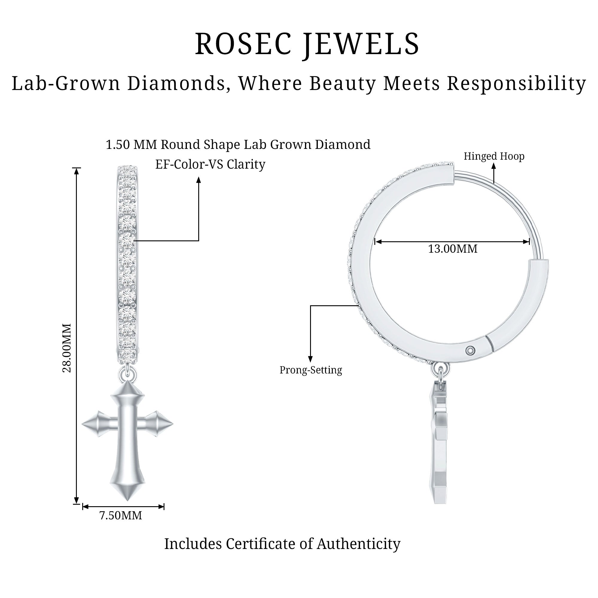 Lab Grown Diamond Holy Cross Hoop Drop Earrings For Women Lab - ( EF-VS ) - Rosec Jewels
