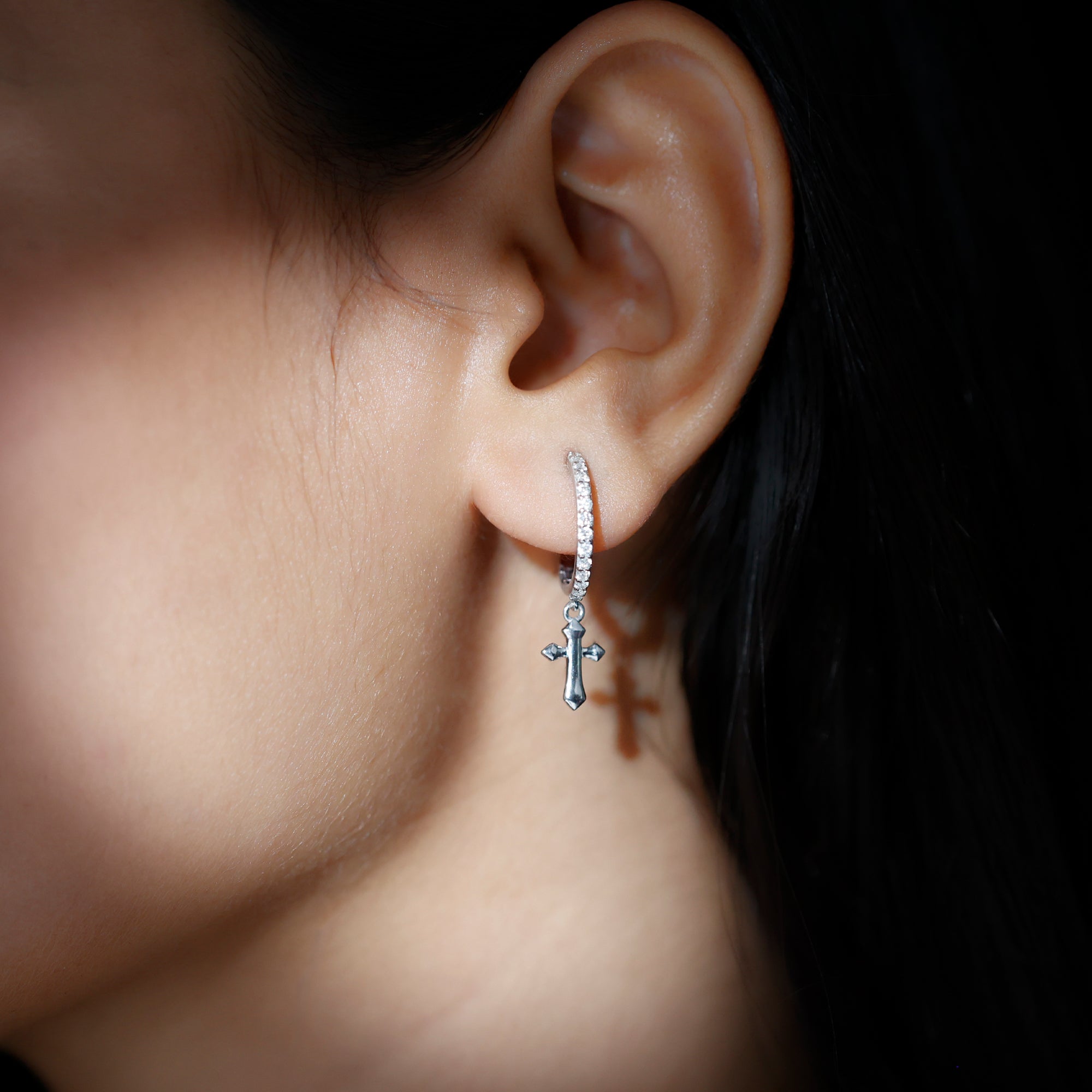 Lab Grown Diamond Holy Cross Hoop Drop Earrings For Women Lab - ( EF-VS ) - Rosec Jewels