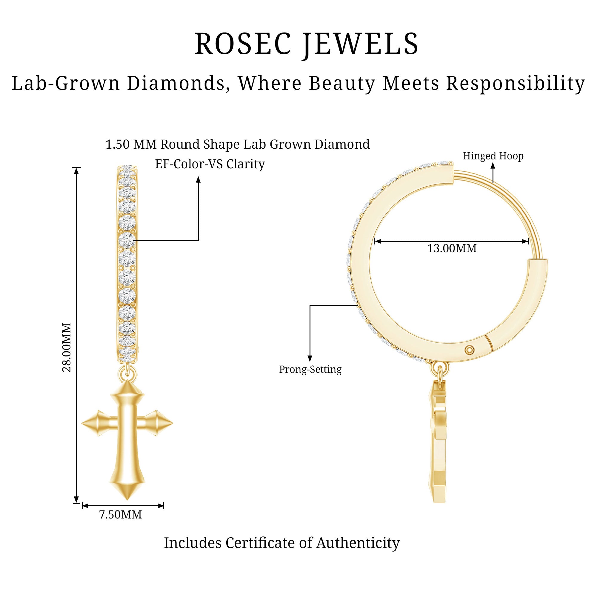 Lab Grown Diamond Holy Cross Hoop Drop Earrings For Women Lab - ( EF-VS ) - Rosec Jewels