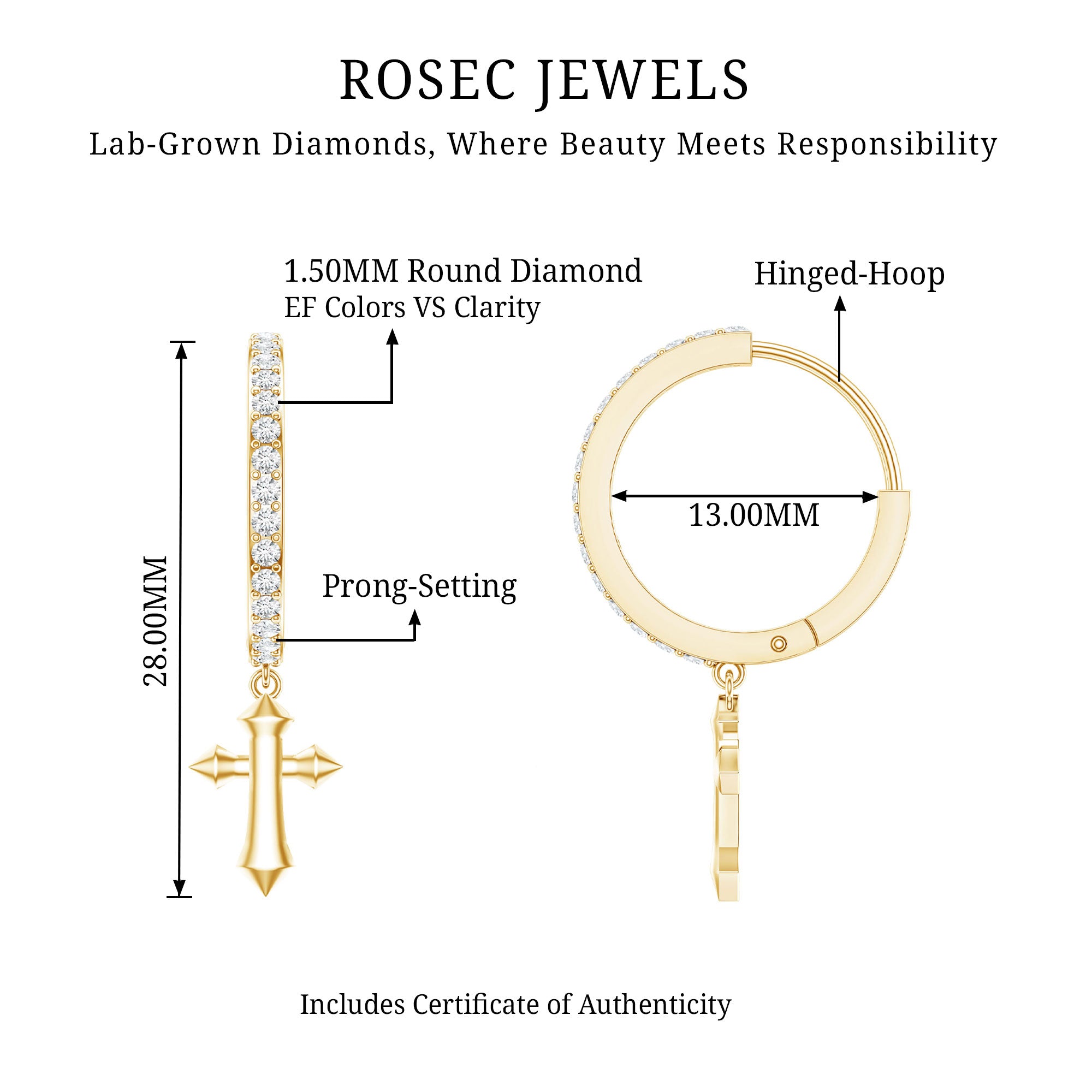 Lab Grown Diamond Holy Cross Hoop Drop Earrings For Women Lab - ( EF-VS ) - Rosec Jewels