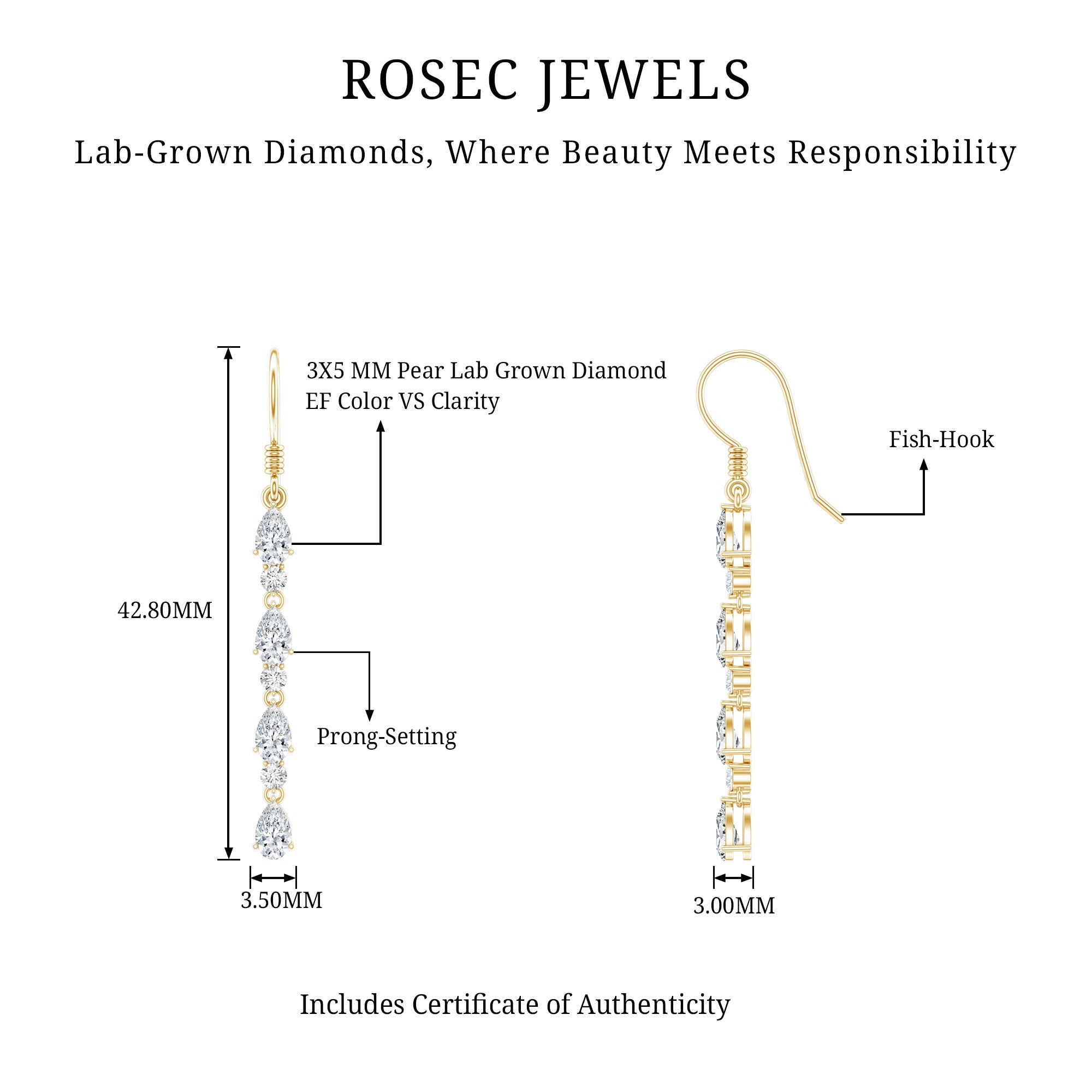 Lab Grown Diamond Long Dangling Earrings Lab - ( EF-VS ) - Rosec Jewels