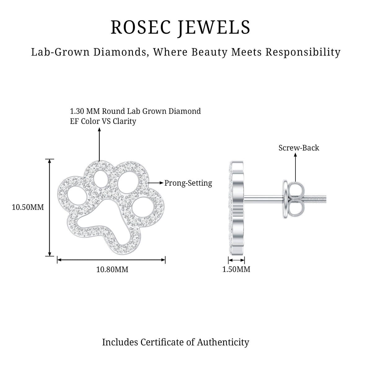 Lab Grown Diamond Paw Print Earrings For Women Lab - ( EF-VS ) - Rosec Jewels