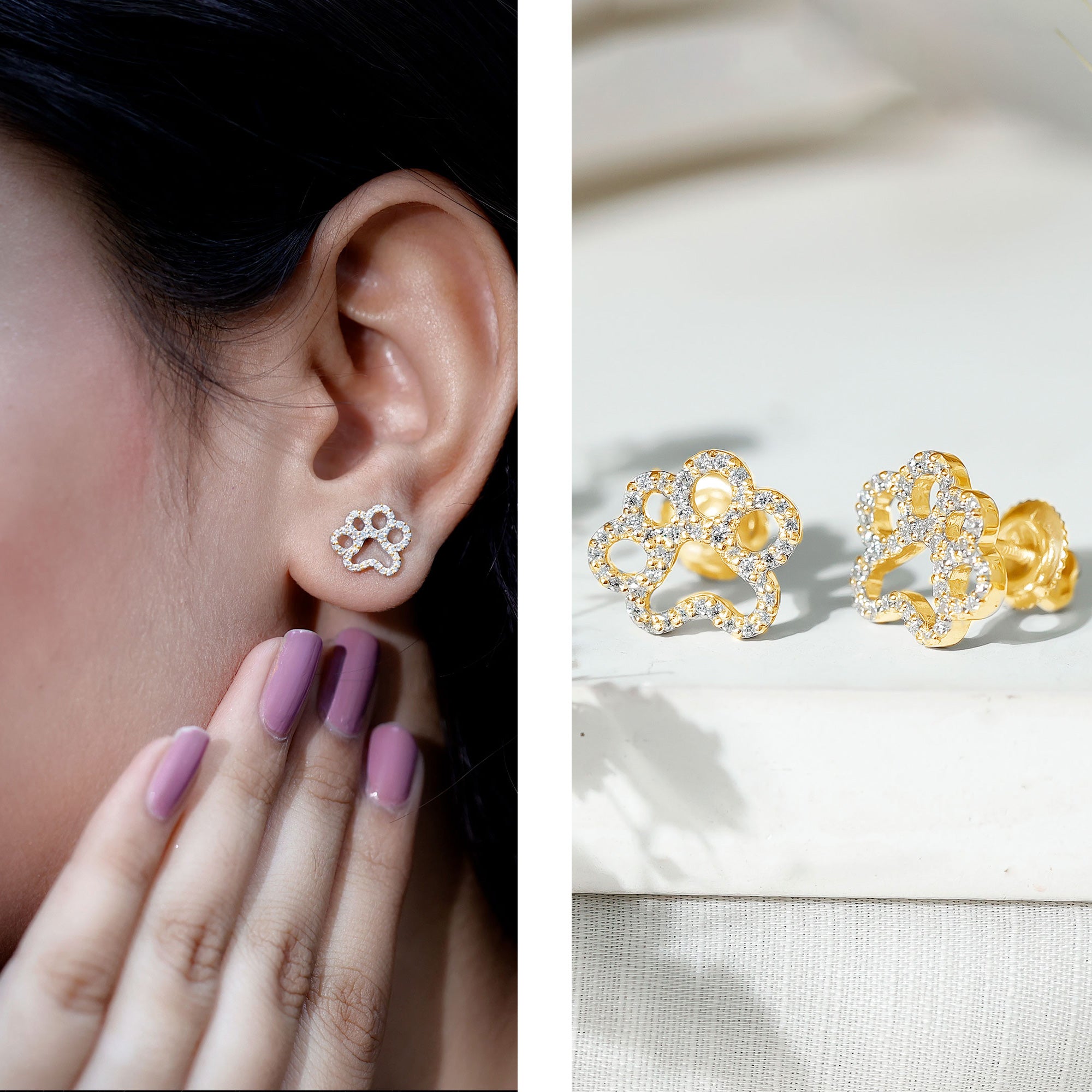 Lab Grown Diamond Paw Print Earrings For Women Lab - ( EF-VS ) - Rosec Jewels