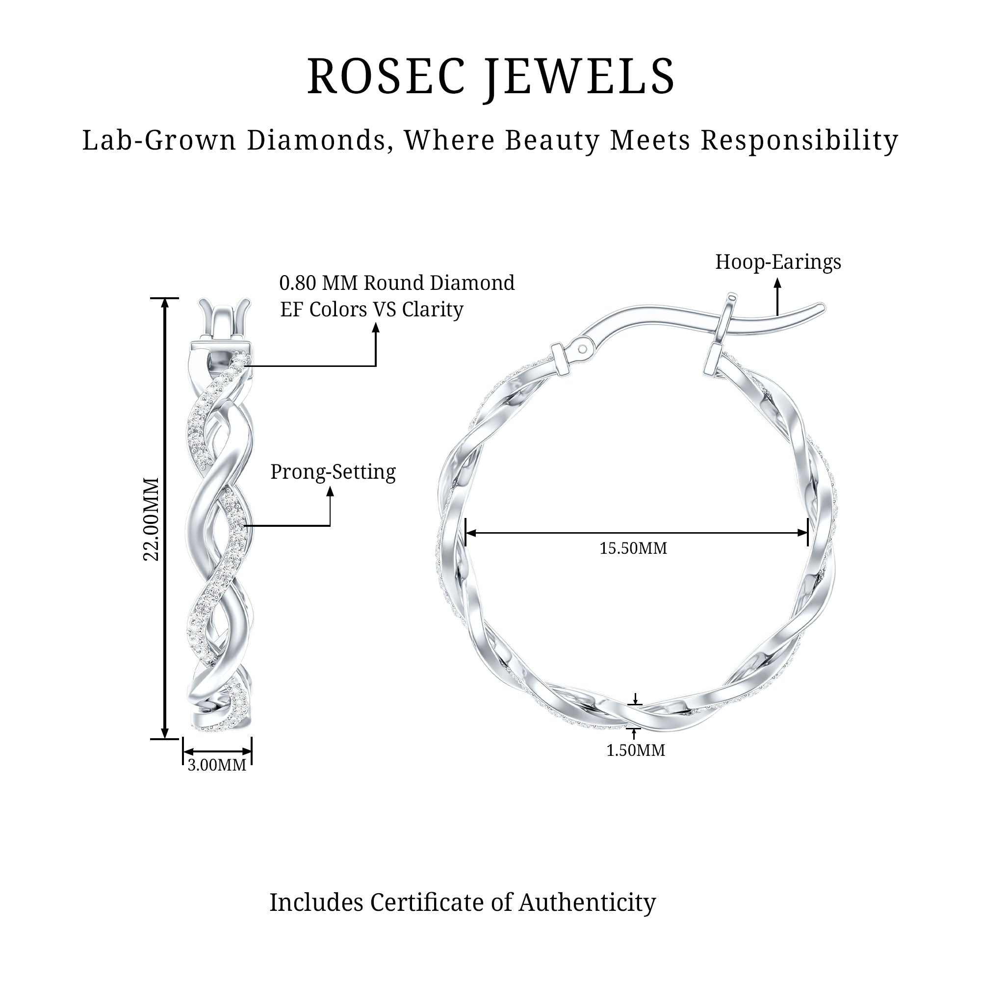Certified Lab Created Diamond Hoops for Women Lab - ( EF-VS ) - Rosec Jewels
