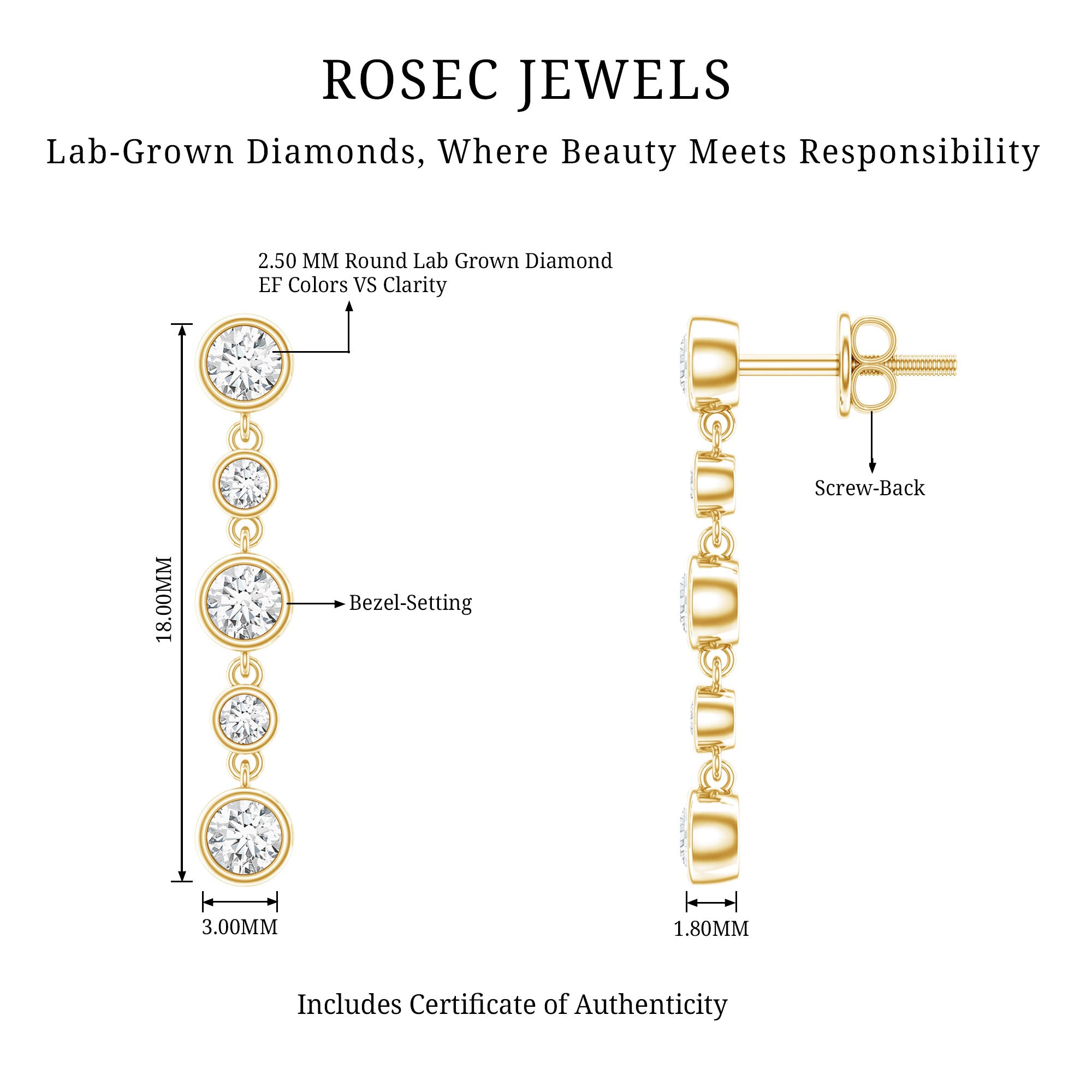 Round Cut Diamond Chain Dangle Earrings For Women Lab - ( EF-VS ) - Rosec Jewels