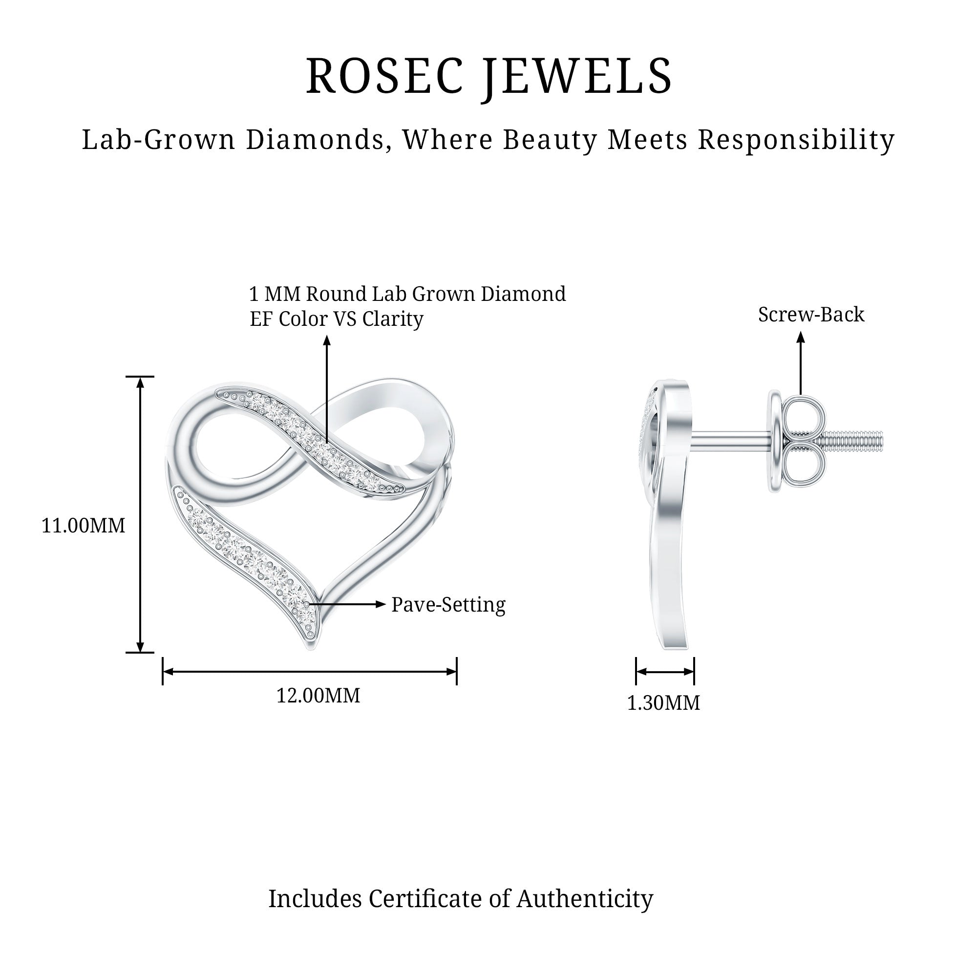 Certified Lab Created Diamond Heart Infinity Stud Earrings Lab - ( EF-VS ) - Rosec Jewels