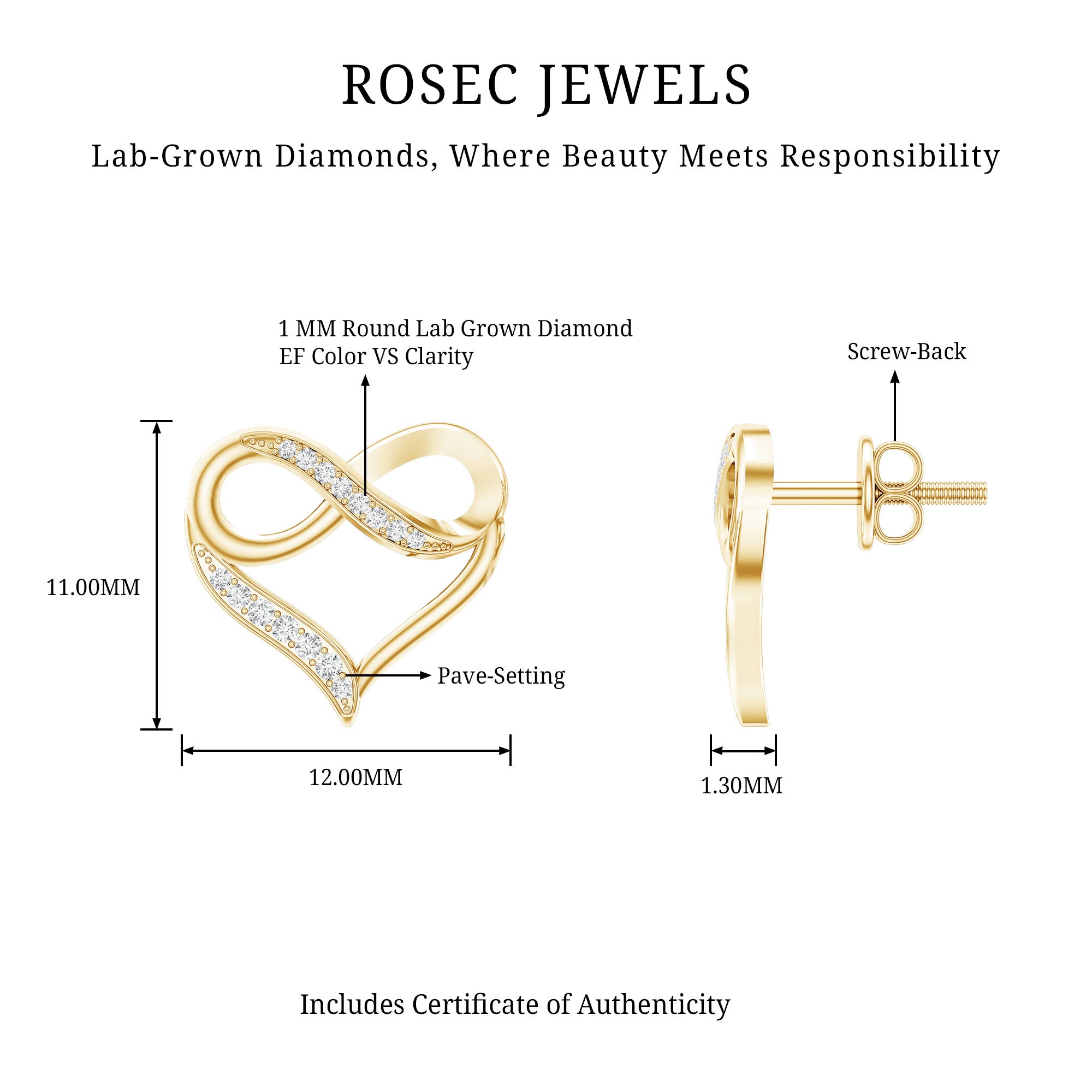 Certified Lab Created Diamond Heart Infinity Stud Earrings Lab - ( EF-VS ) - Rosec Jewels