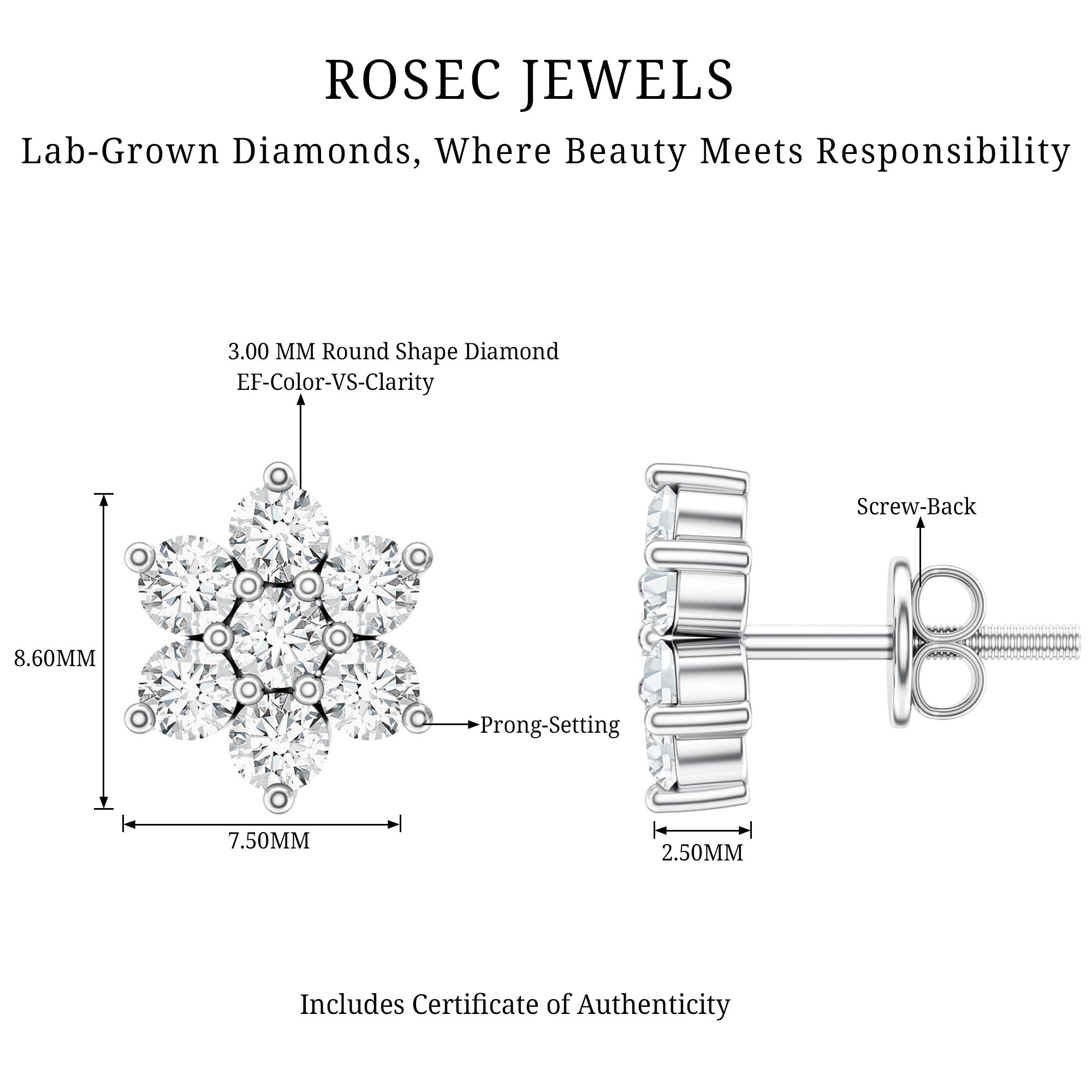 Certified Lab Grown Diamond Flower Stud Earrings for Women Lab - ( EF-VS ) - Rosec Jewels