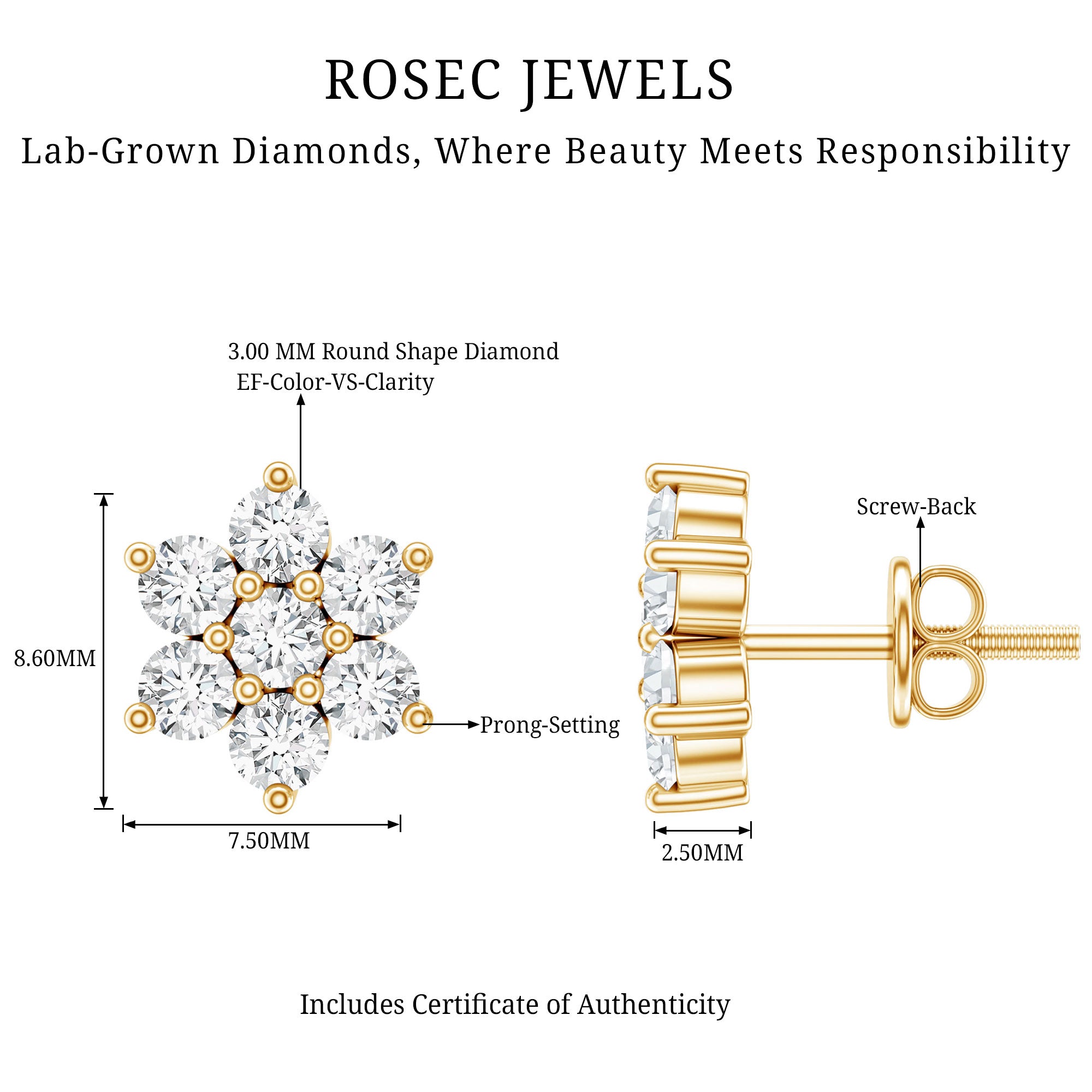 Certified Lab Grown Diamond Flower Stud Earrings for Women Lab - ( EF-VS ) - Rosec Jewels
