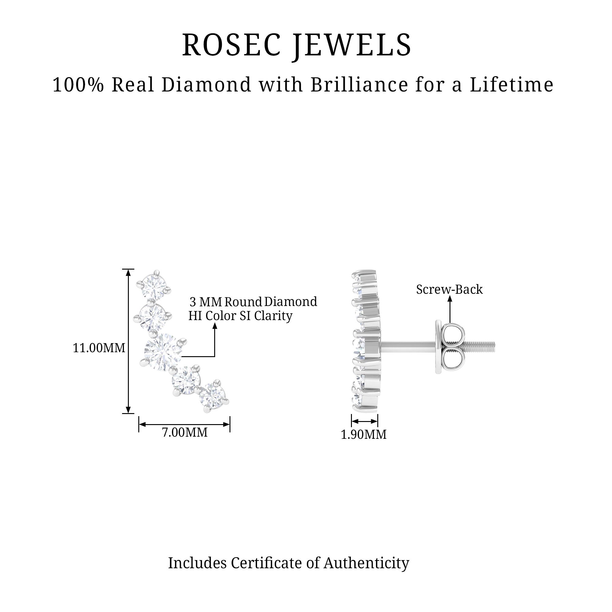 Round Diamond Curved Crawler Stud Earrings with Screw Backs Natural - ( HI-SI ) - Rosec Jewels