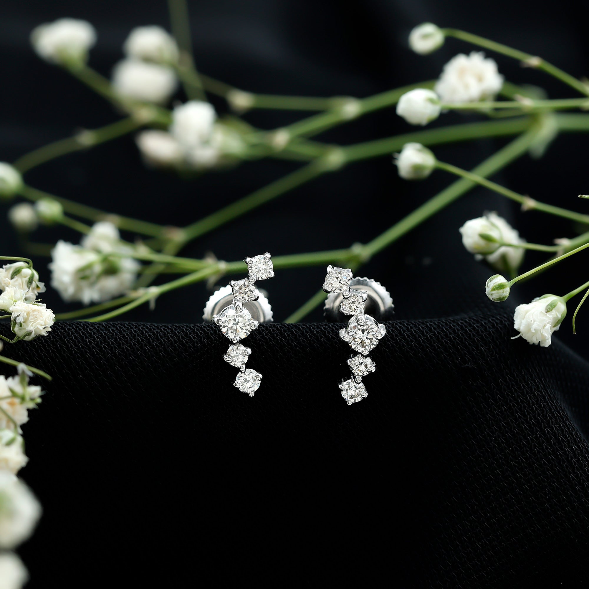Round Diamond Curved Crawler Stud Earrings with Screw Backs Natural - ( HI-SI ) - Rosec Jewels