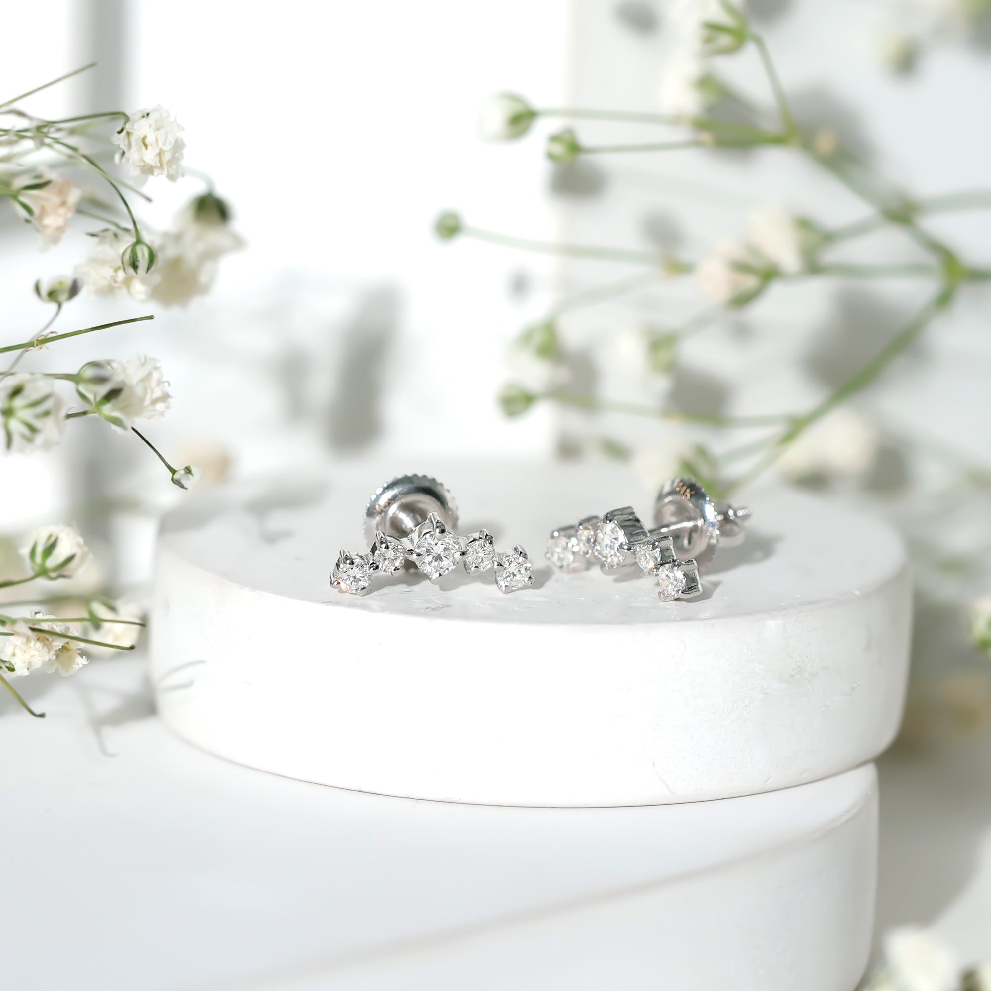 Round Diamond Curved Crawler Stud Earrings with Screw Backs Natural - ( HI-SI ) - Rosec Jewels