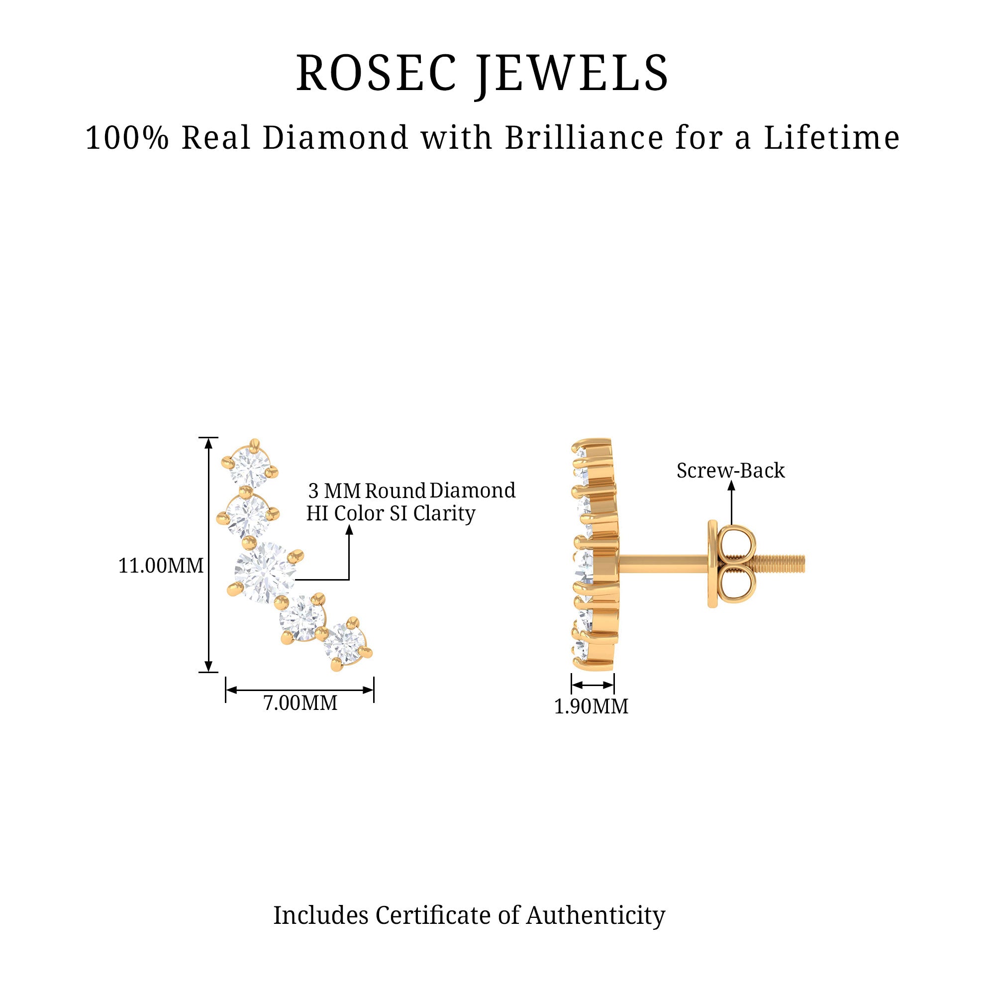 Round Diamond Curved Crawler Stud Earrings with Screw Backs Natural - ( HI-SI ) - Rosec Jewels