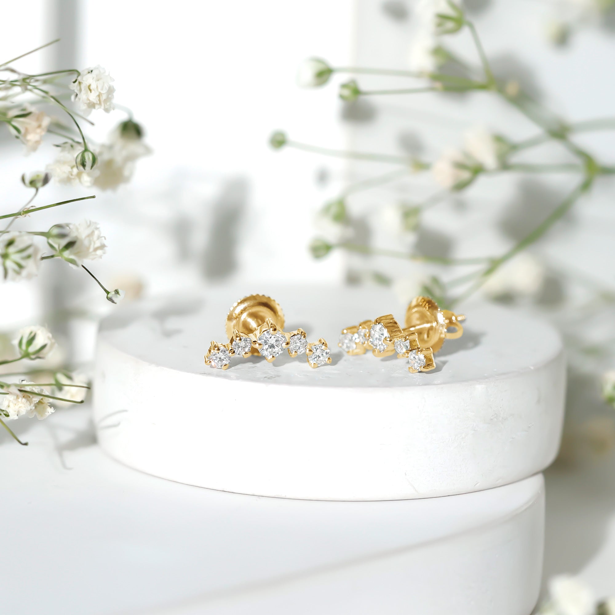 Round Diamond Curved Crawler Stud Earrings with Screw Backs Natural - ( HI-SI ) - Rosec Jewels