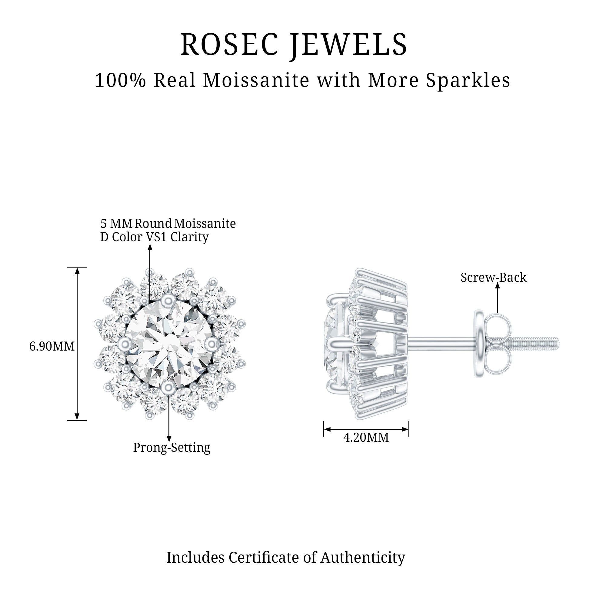 Round 1 Carat Moissanite Halo Stud Earrings for Women D-VS1 - Rosec Jewels