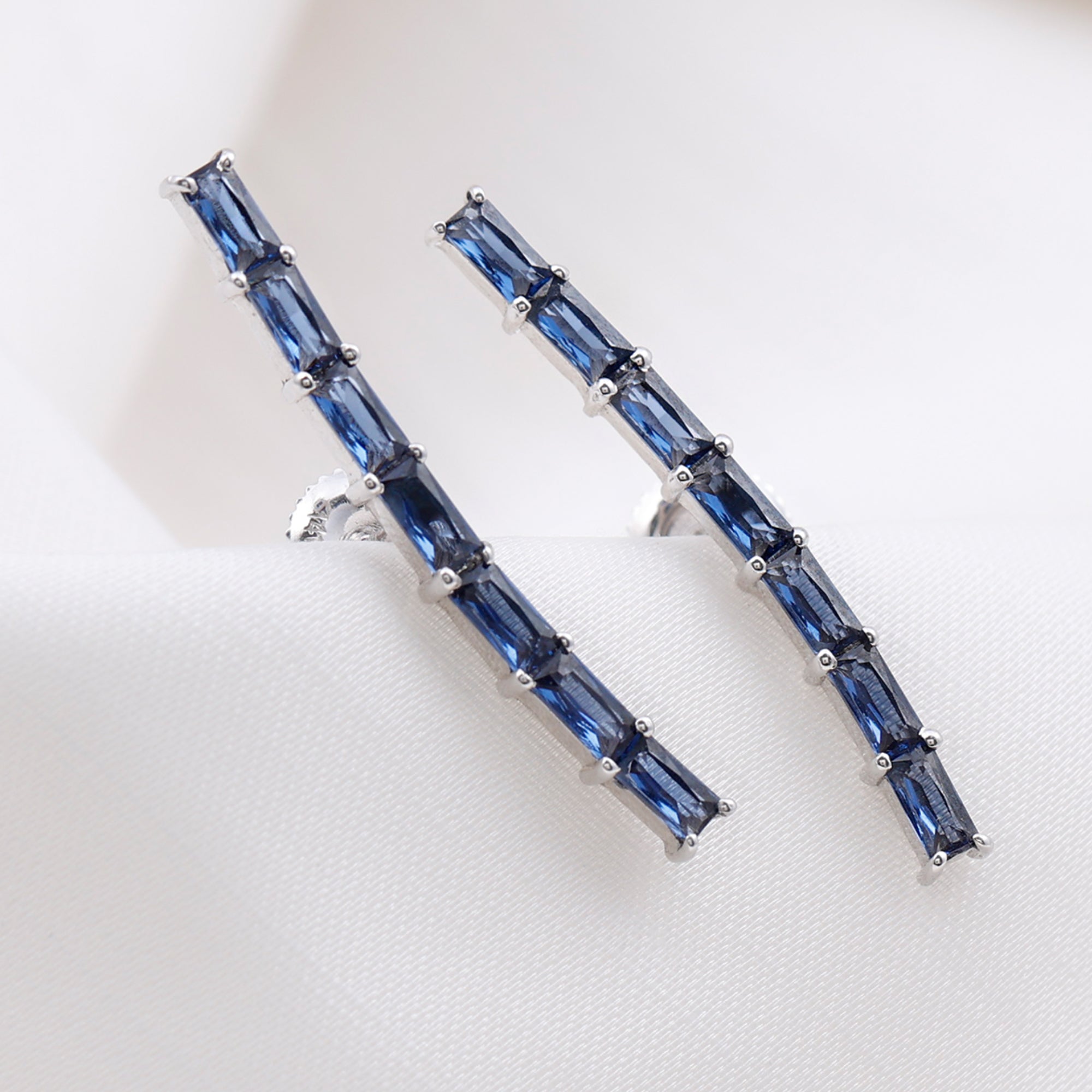 Baguette Cut Lab Grown Blue Sapphire Climber Earrings AAAA - Rosec Jewels