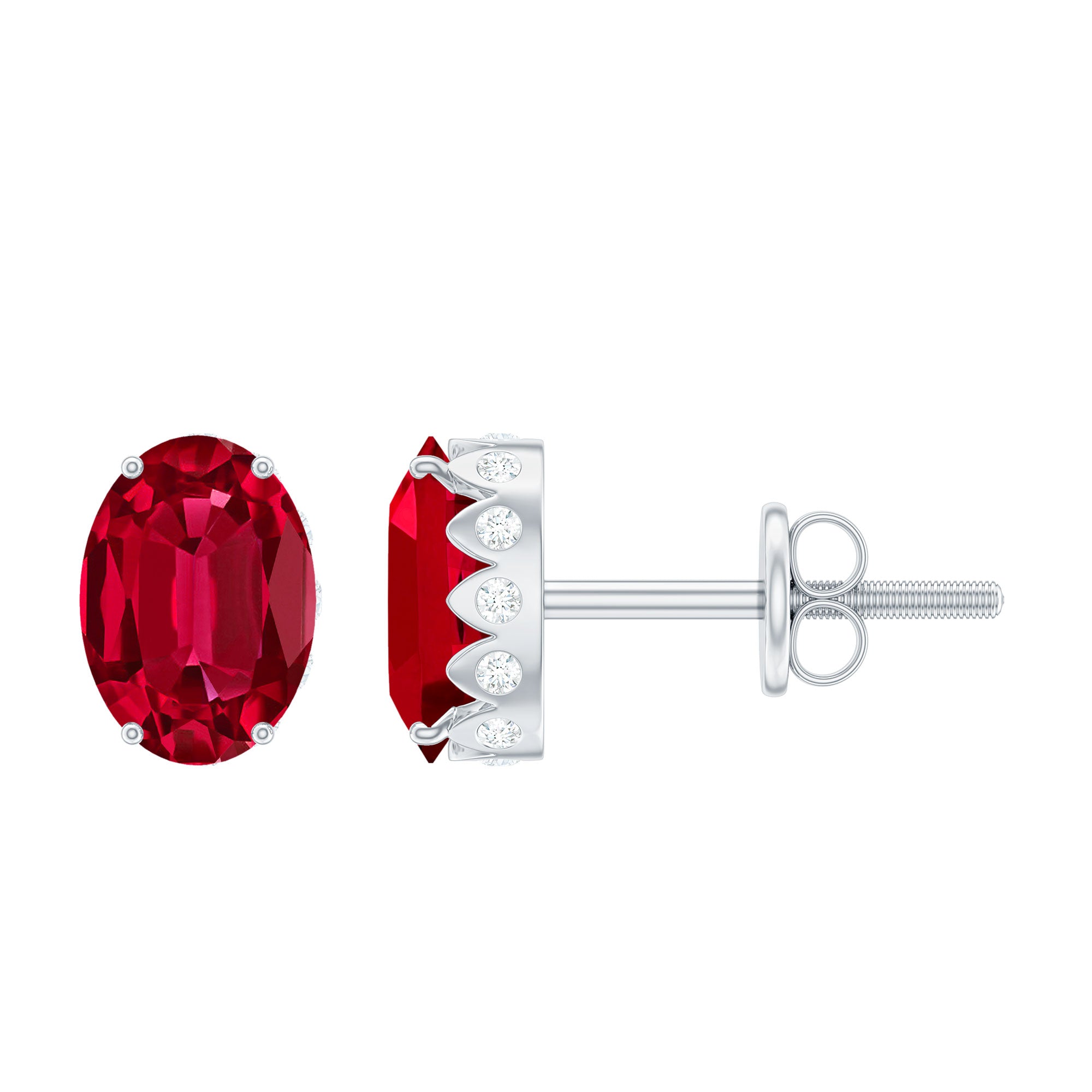 3.25 CT Oval Lab-Created Ruby Solitaire Stud Earrings with Diamond